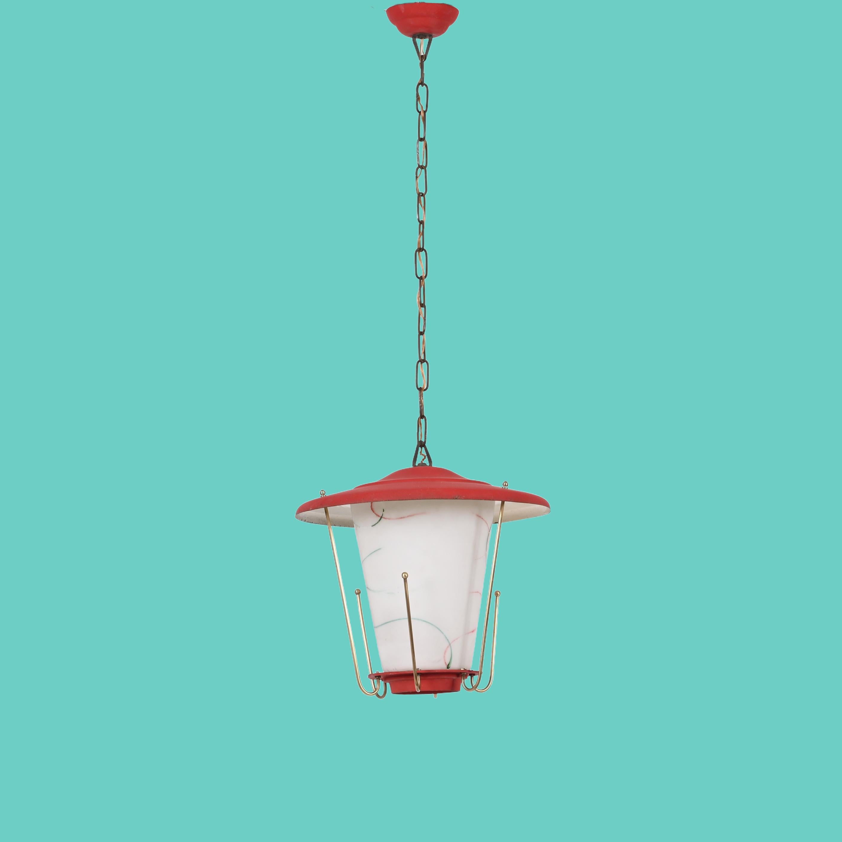 Mid-20th Century Midcentury Round Opaline Glass and Brass Italian Red Lantern Chandelier, 1950s For Sale