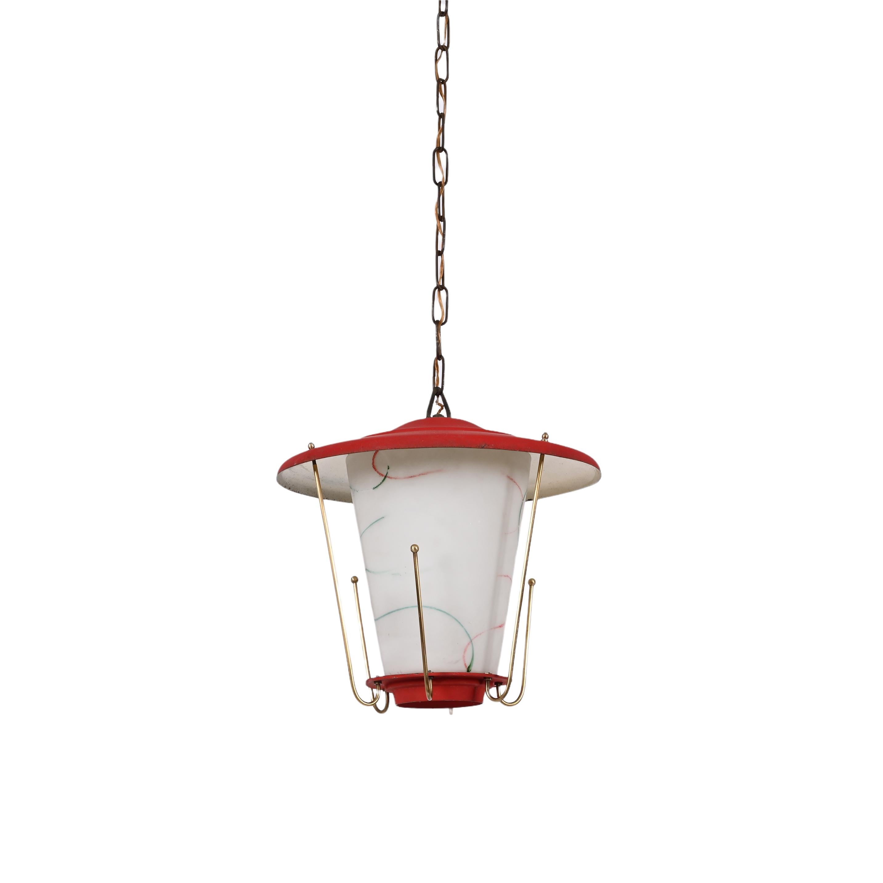 Metal Midcentury Round Opaline Glass and Brass Italian Red Lantern Chandelier, 1950s For Sale