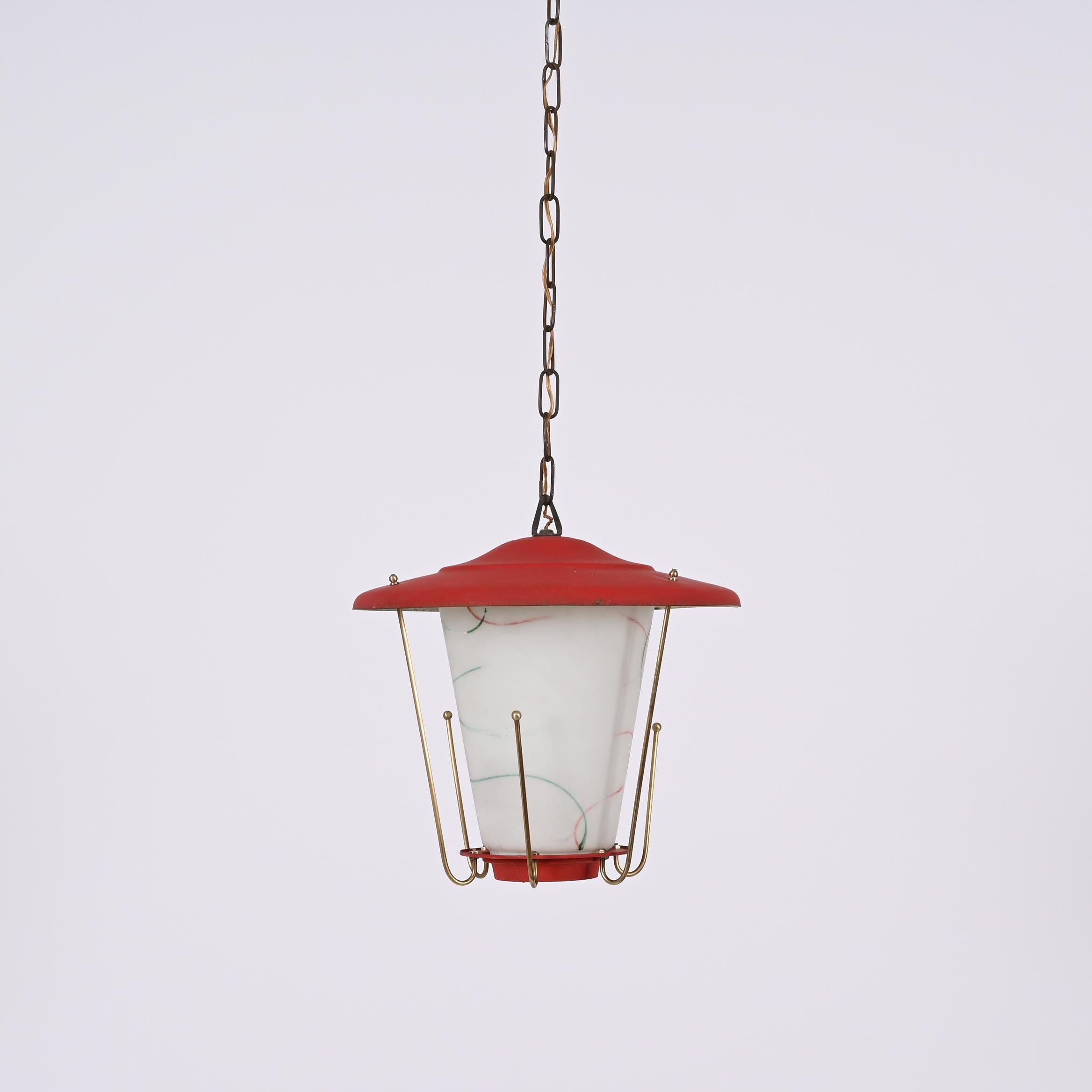 Midcentury Round Opaline Glass and Brass Italian Red Lantern Chandelier, 1950s For Sale 1