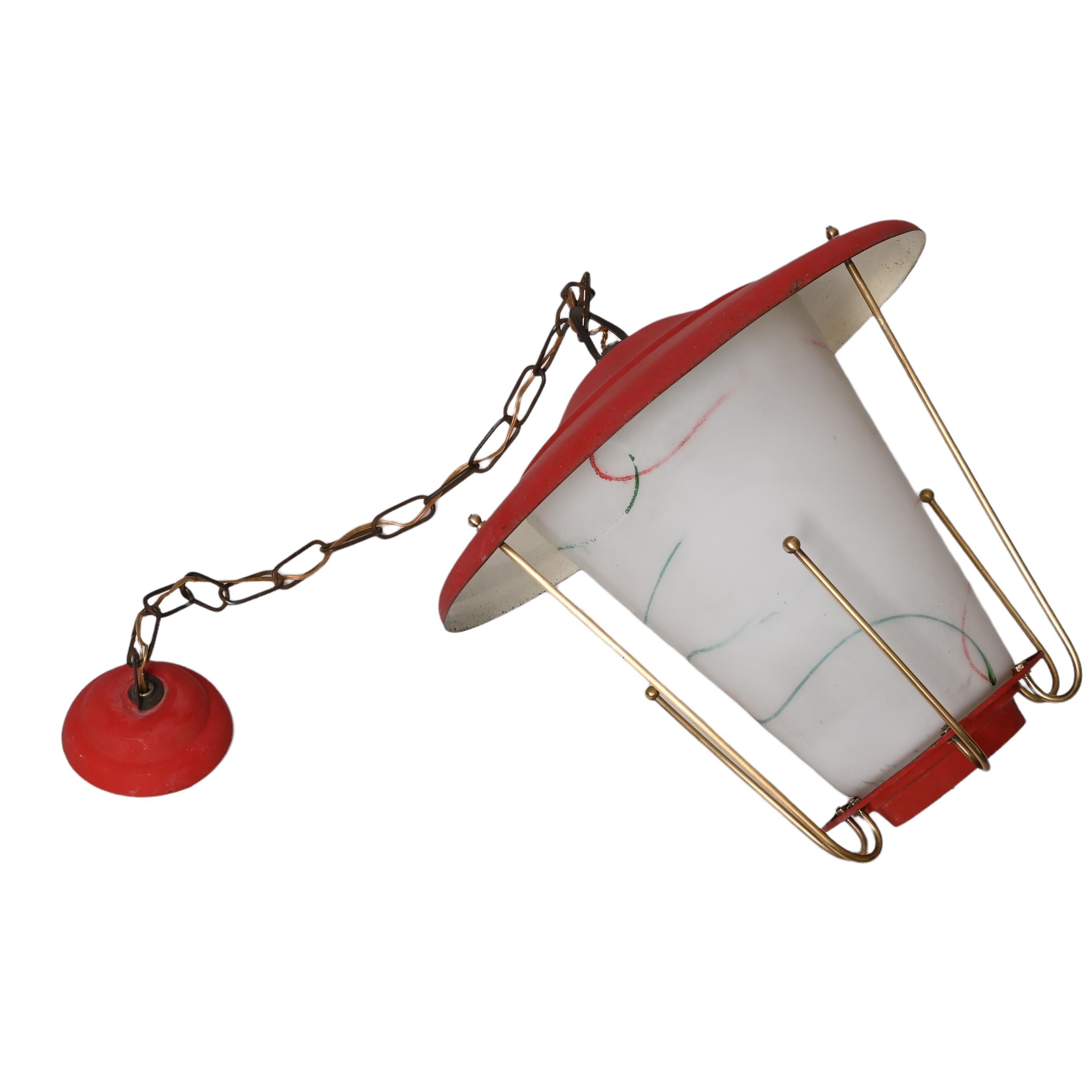 Midcentury Round Opaline Glass and Brass Italian Red Lantern Chandelier, 1950s For Sale 2