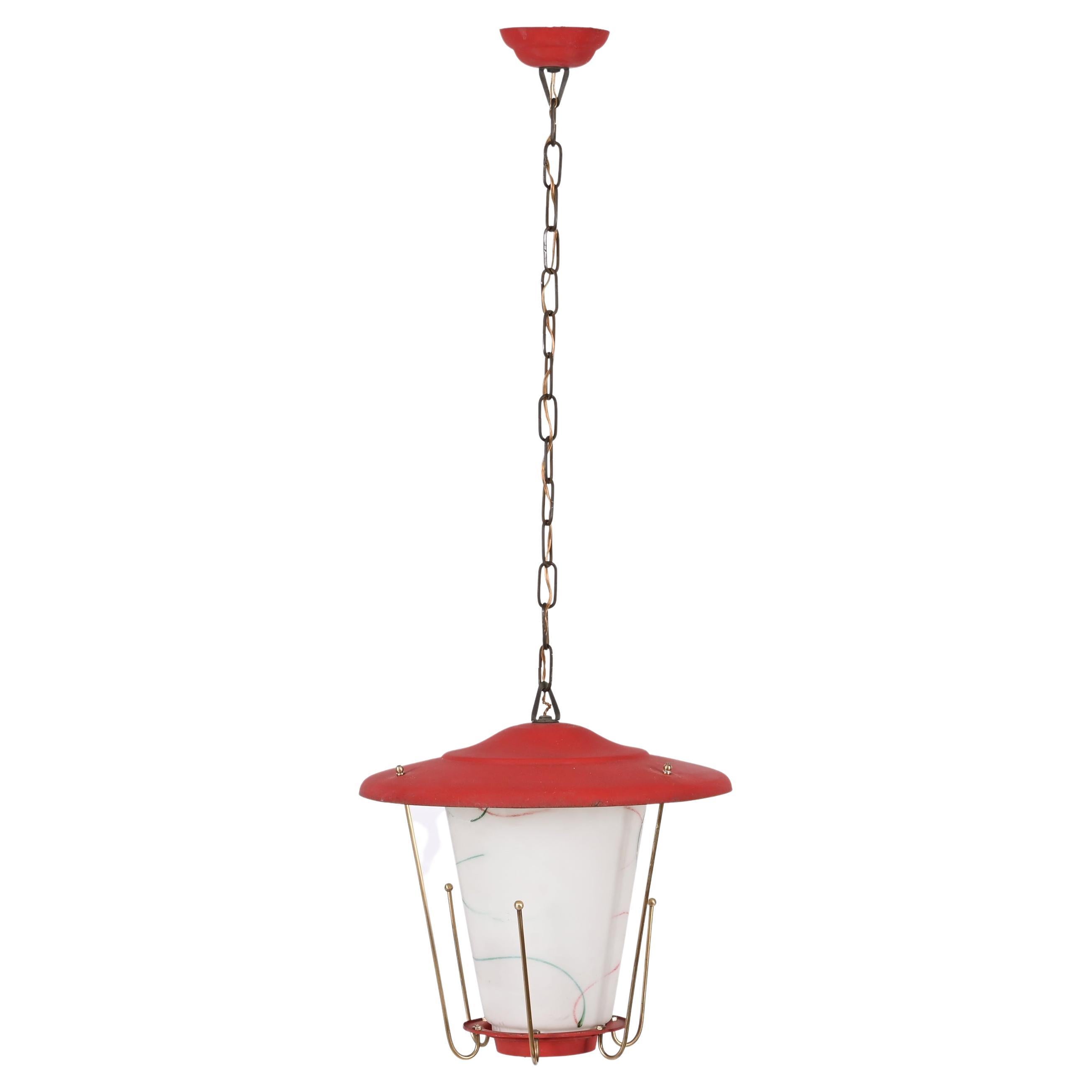 Midcentury Round Opaline Glass and Brass Italian Red Lantern Chandelier, 1950s