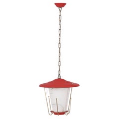 Midcentury Round Opaline Glass and Brass Italian Red Lantern Chandelier, 1950s