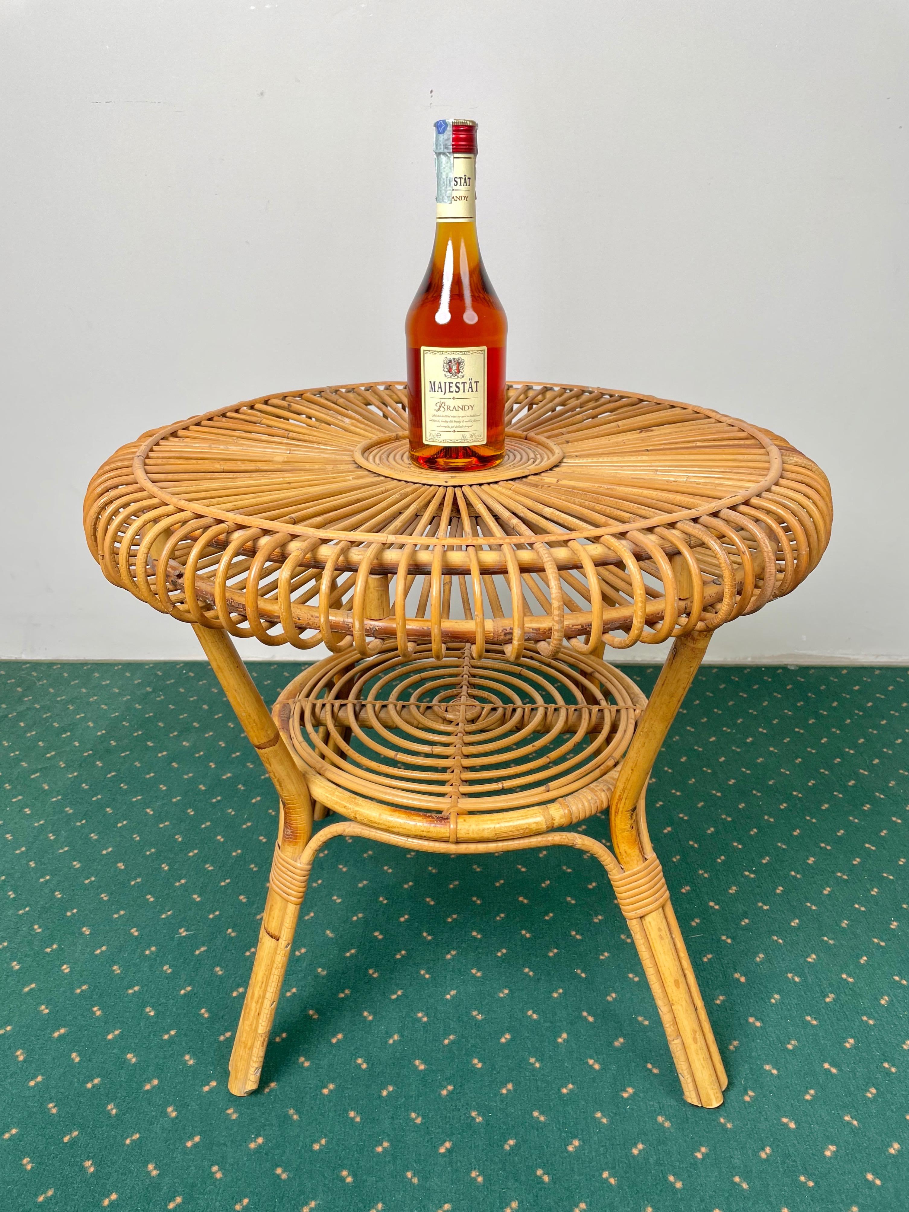 Italian Midcentury Round Rattan and Bamboo Coffee Table, Italy, 1960s For Sale