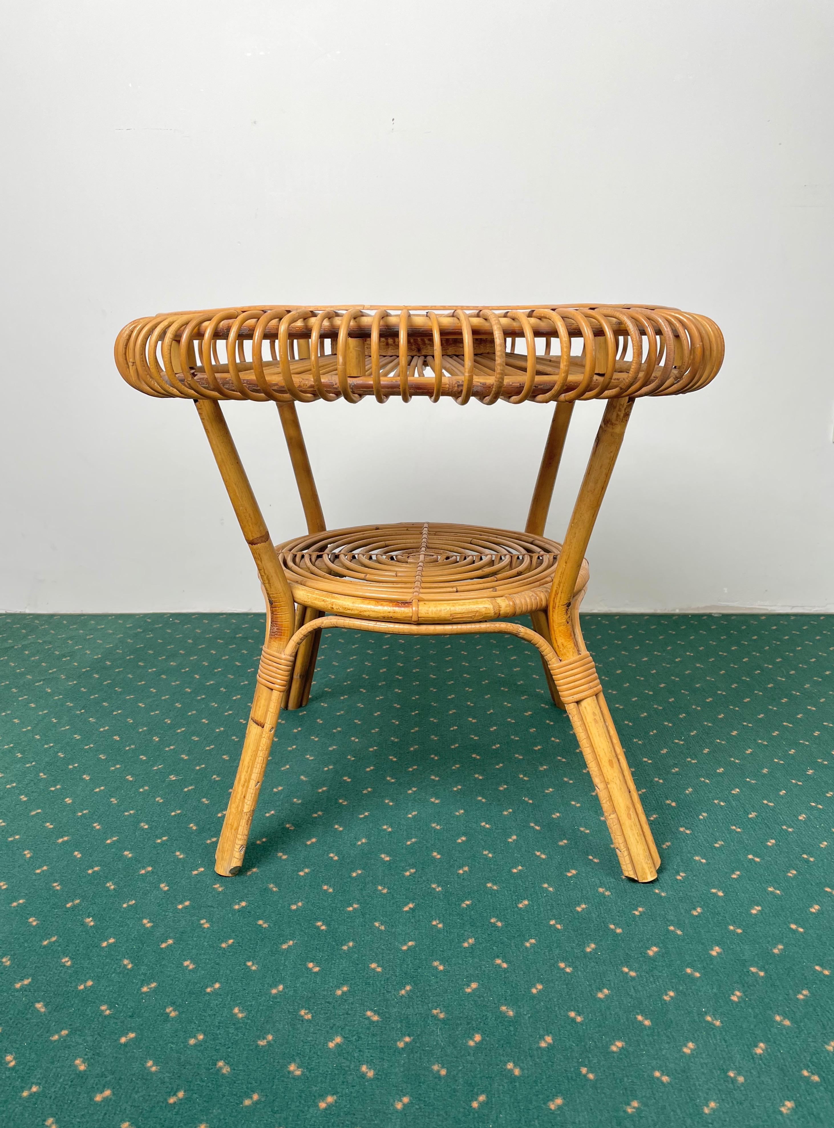 Mid-20th Century Midcentury Round Rattan and Bamboo Coffee Table, Italy, 1960s For Sale