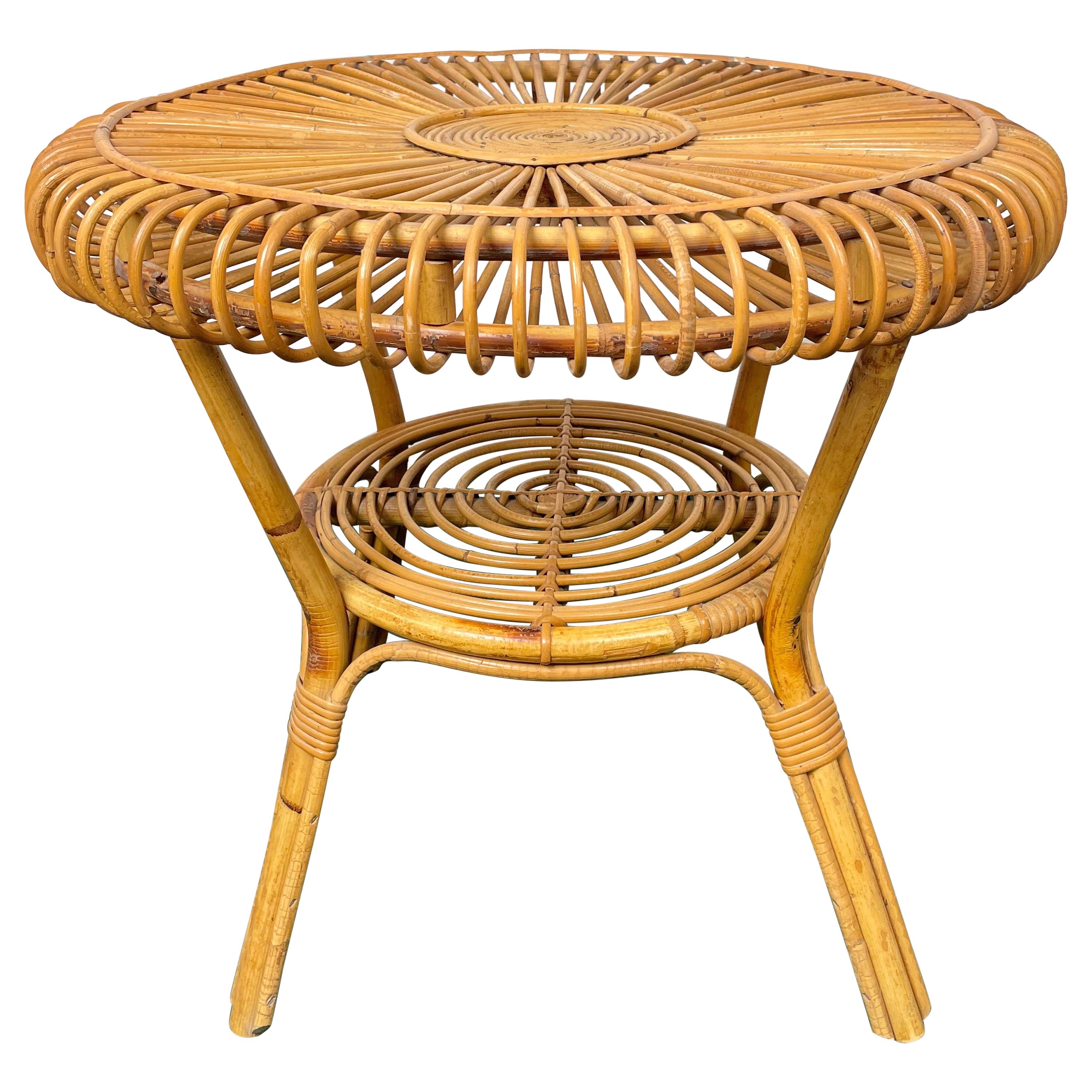 Midcentury Round Rattan and Bamboo Coffee Table, Italy, 1960s