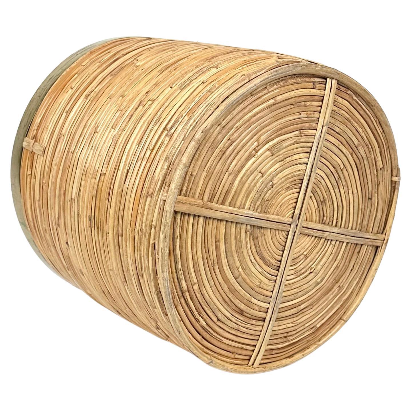 Mid-Century Round Rattan and Brass Basket or Planter, Italy, 1970s For Sale 5