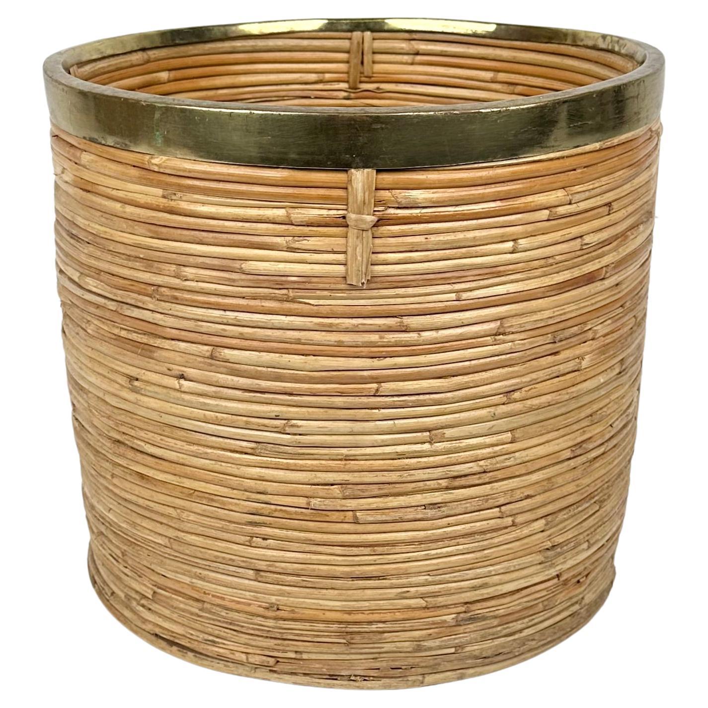 Mid-Century Round Rattan and Brass Basket or Planter, Italy, 1970s For Sale 6
