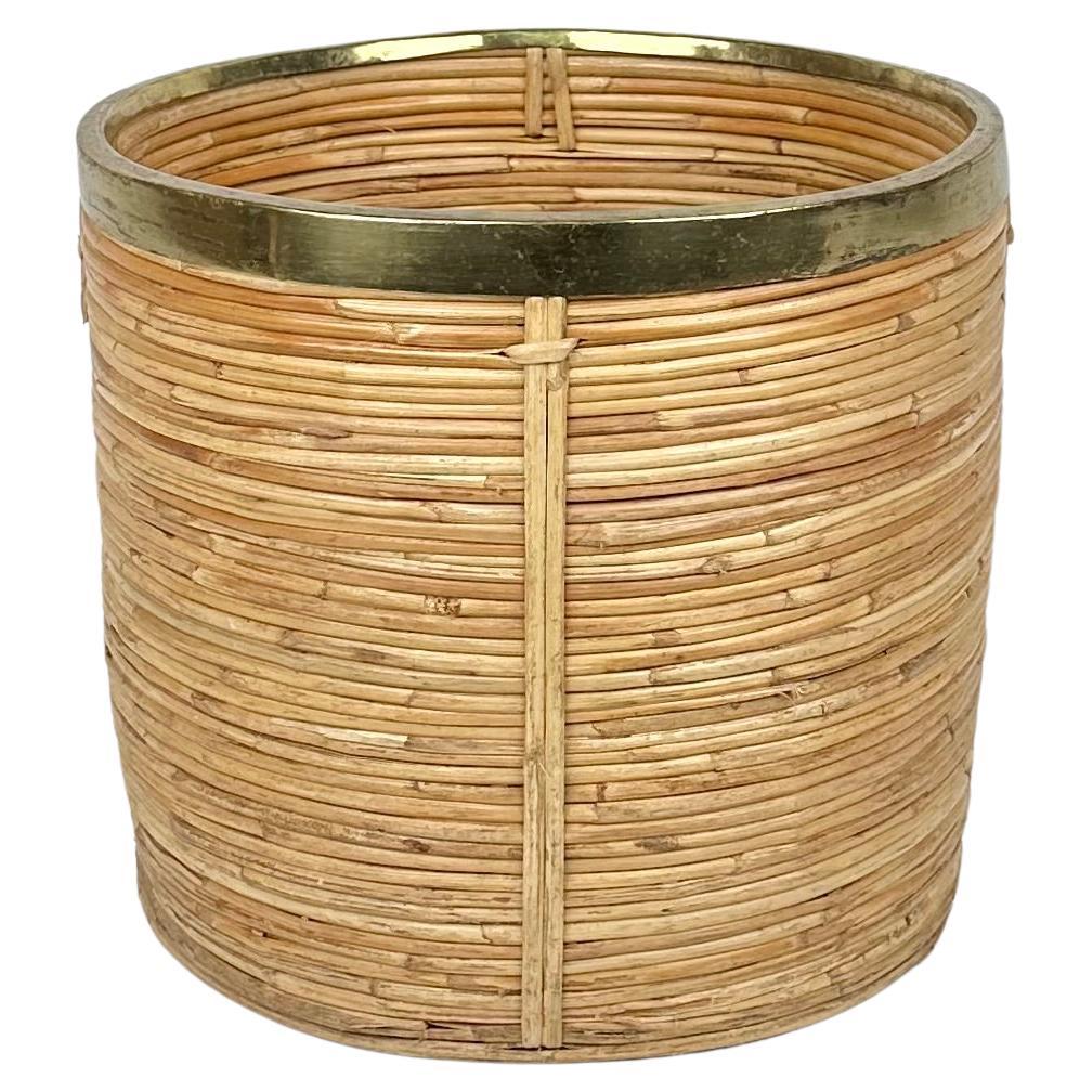 Mid-Century Round Rattan and Brass Basket or Planter, Italy, 1970s For Sale