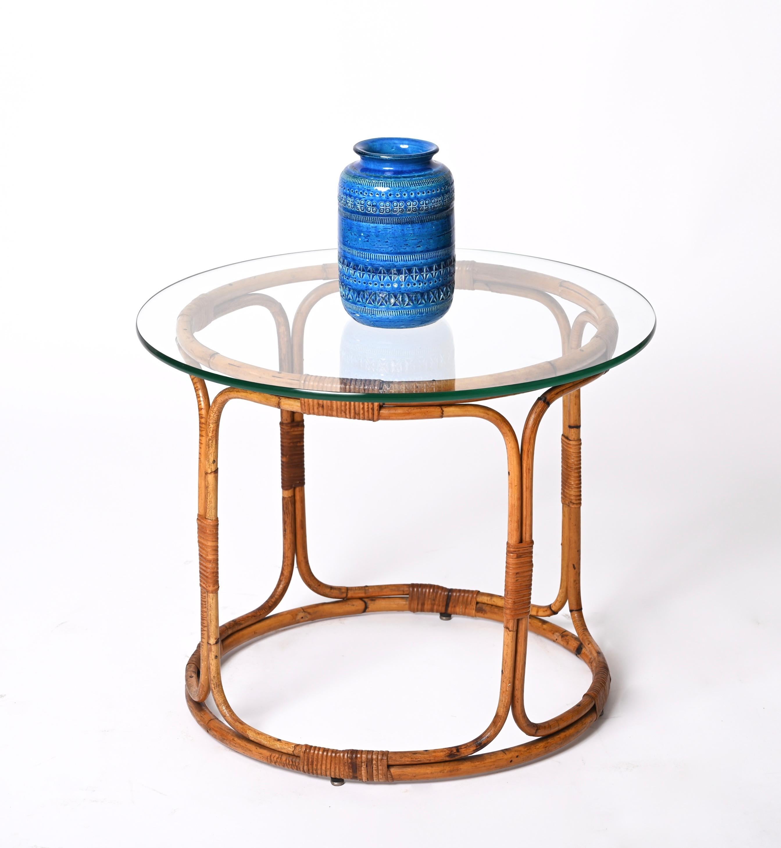 Midcentury Round Rattan, Bamboo Italian Coffee Table with Glass Shelf, 1960s For Sale 2