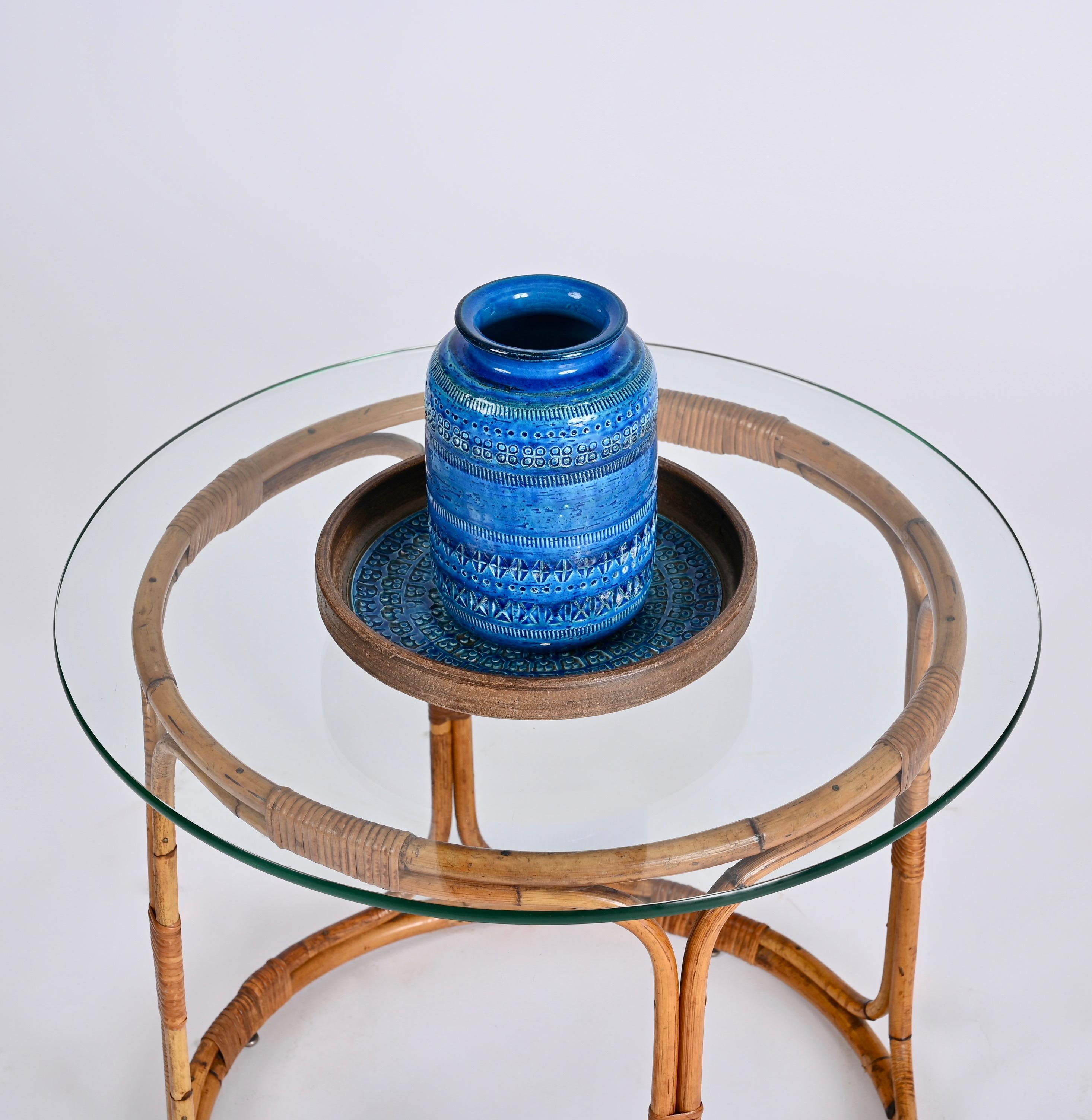 Midcentury Round Rattan, Bamboo Italian Coffee Table with Glass Shelf, 1960s For Sale 3