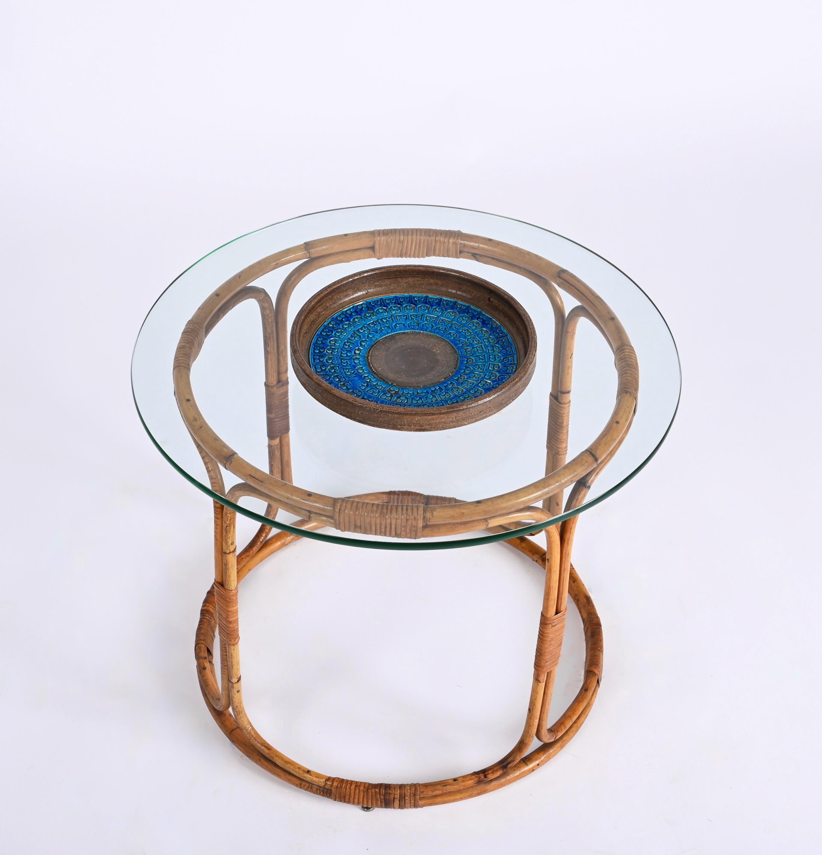 Midcentury Round Rattan, Bamboo Italian Coffee Table with Glass Shelf, 1960s For Sale 4