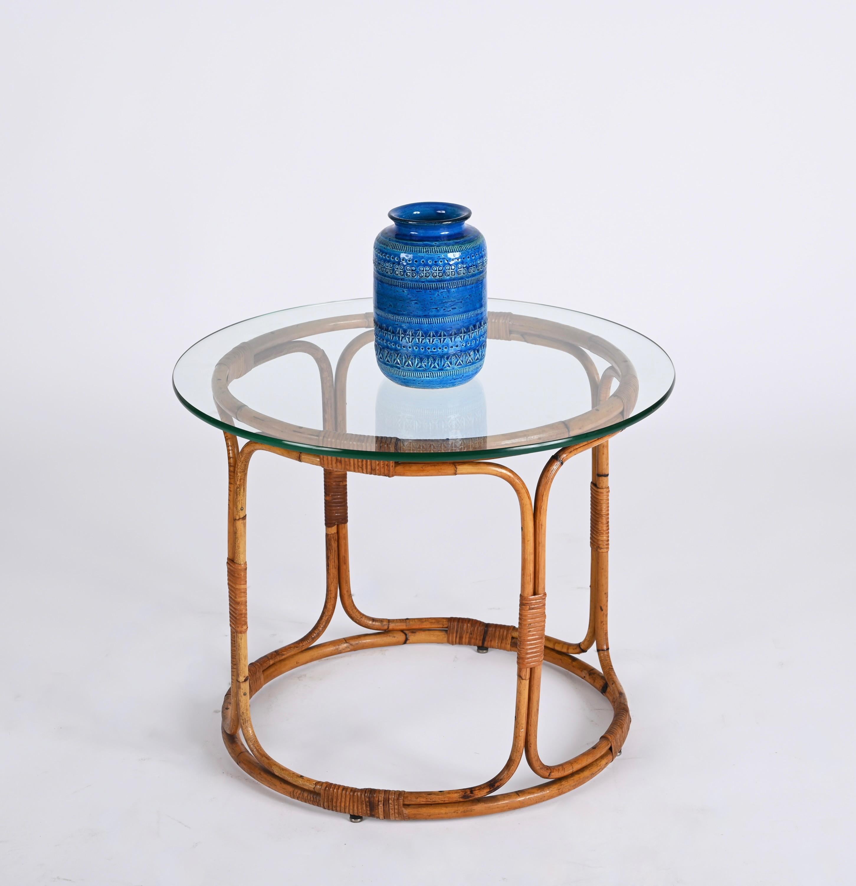 Midcentury Round Rattan, Bamboo Italian Coffee Table with Glass Shelf, 1960s For Sale 5