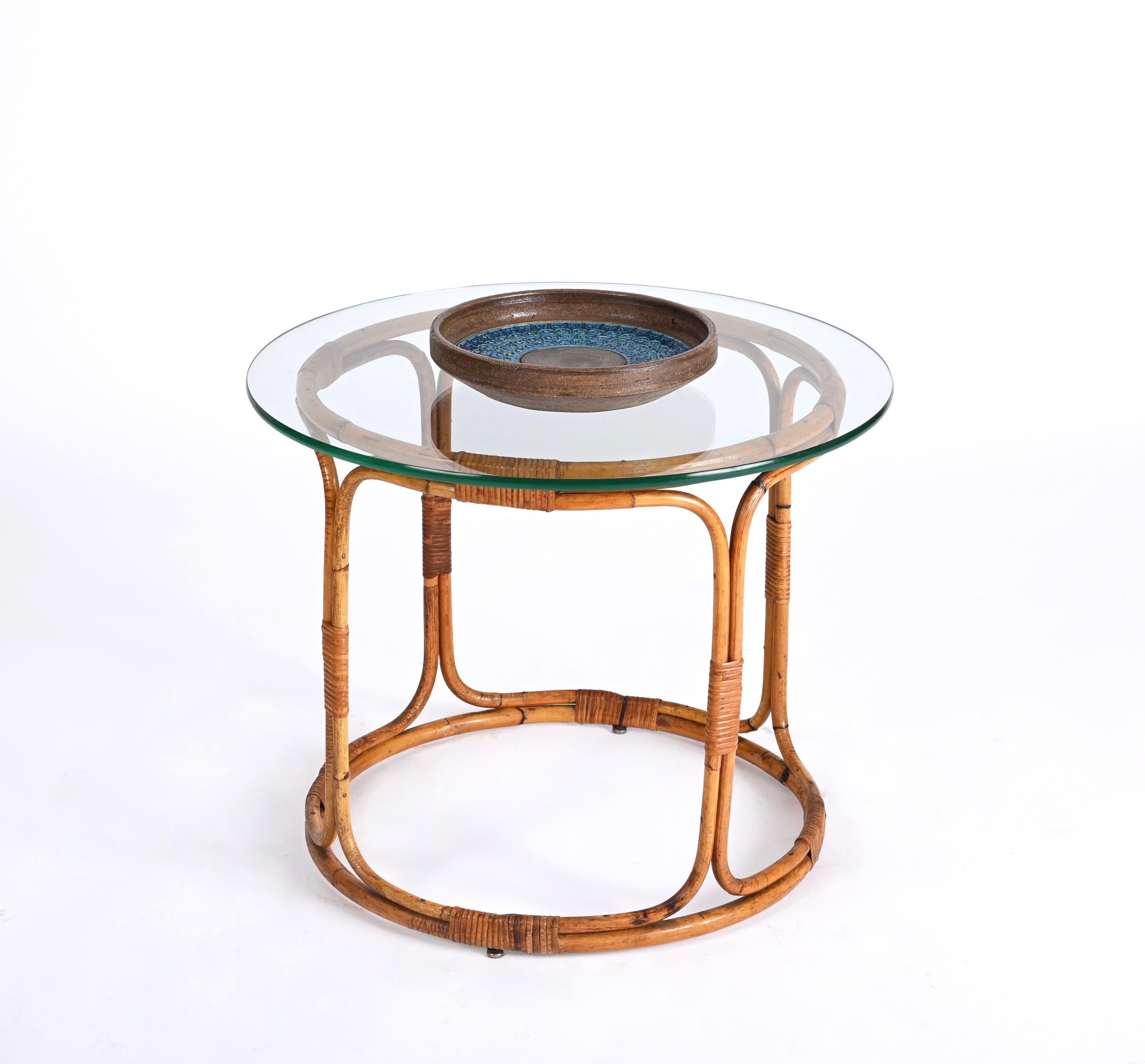 Midcentury Round Rattan, Bamboo Italian Coffee Table with Glass Shelf, 1960s For Sale 6