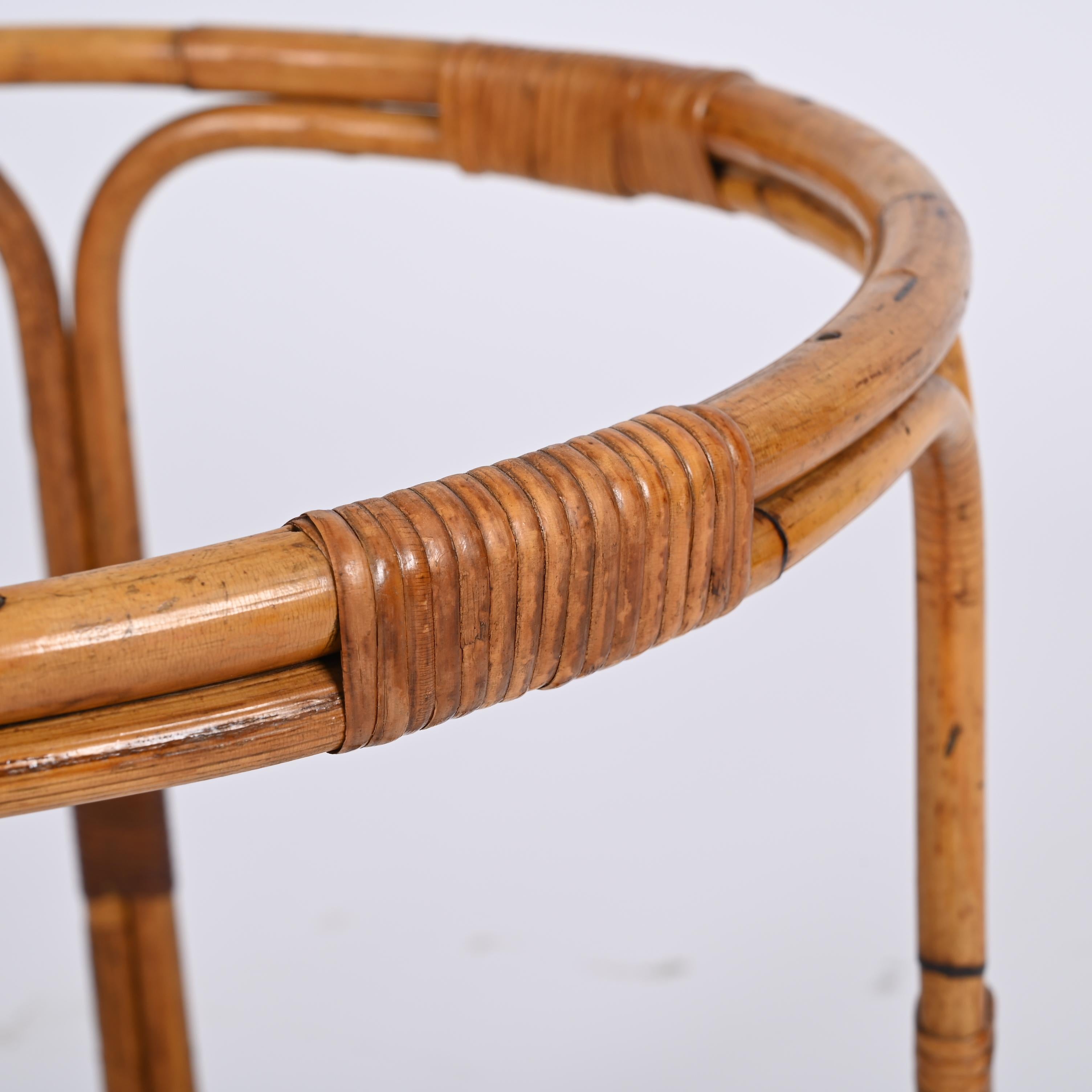 Midcentury Round Rattan, Bamboo Italian Coffee Table with Glass Shelf, 1960s For Sale 9