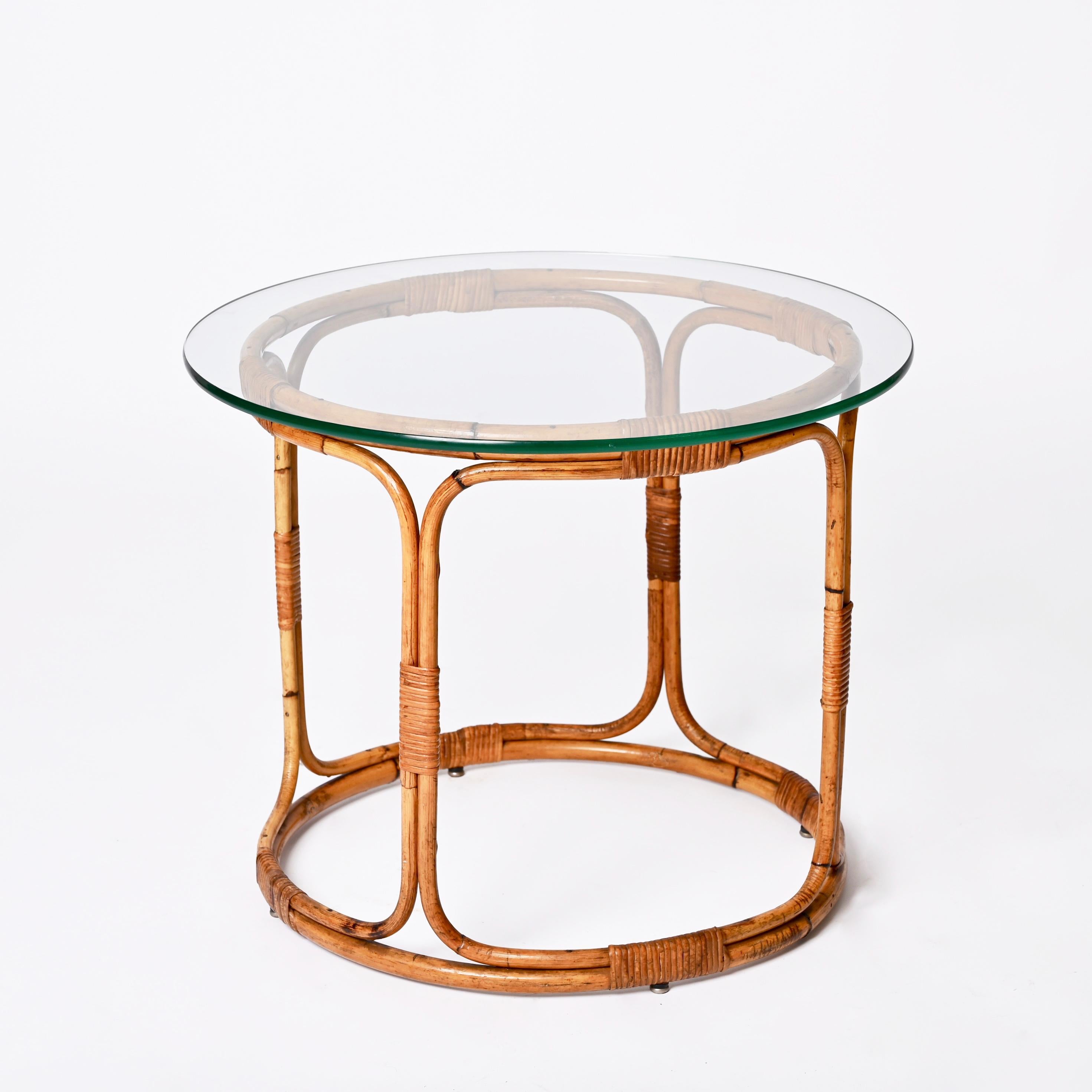 Mid-Century Modern Midcentury Round Rattan, Bamboo Italian Coffee Table with Glass Shelf, 1960s For Sale