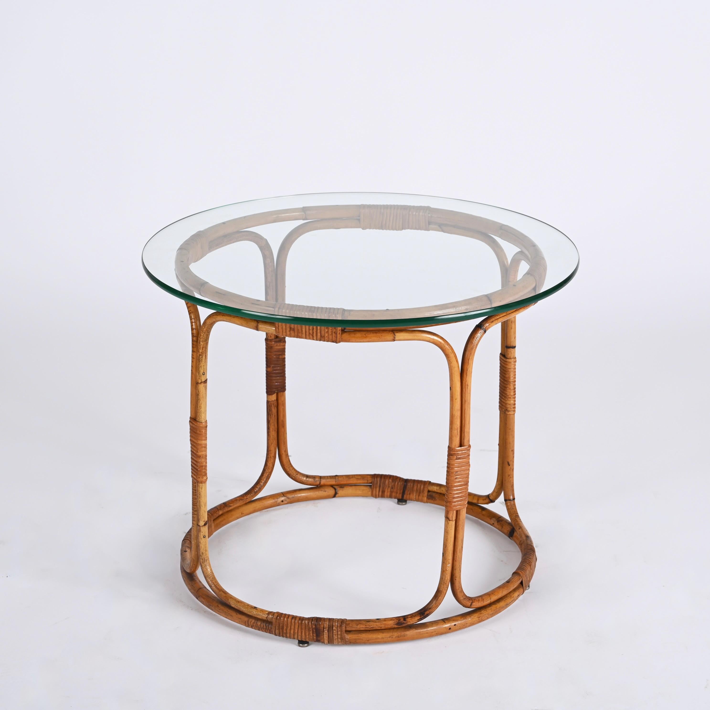 Mid-20th Century Midcentury Round Rattan, Bamboo Italian Coffee Table with Glass Shelf, 1960s For Sale