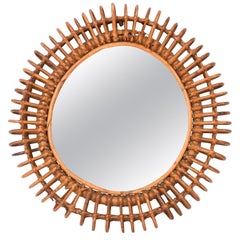 Midcentury Round Rattan Italian Wall Mirror Attributed to Franco Albini, 1970s