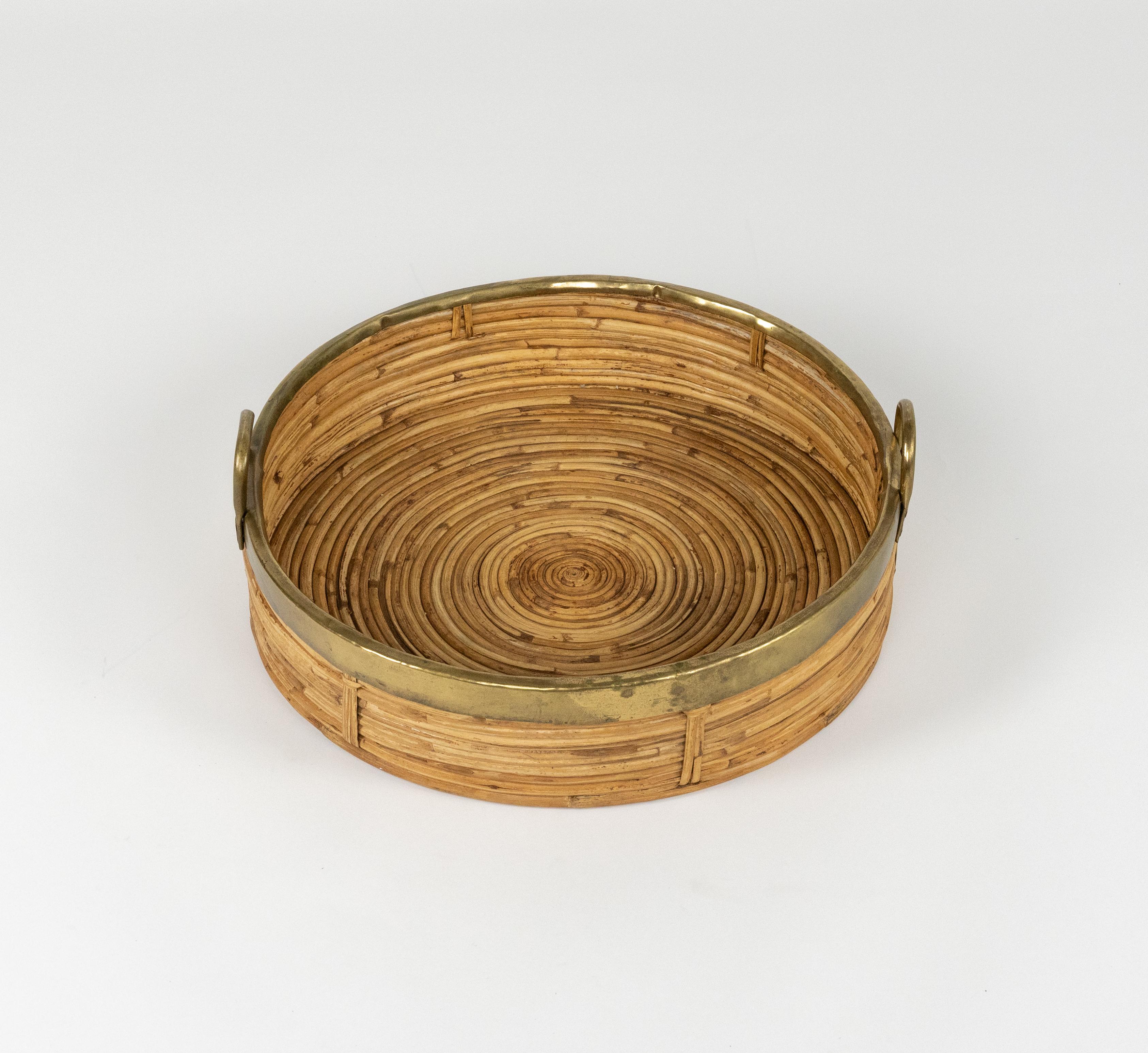 Rundes Serviertablett aus Bambus, Rattan und Messing aus der Mitte des Jahrhunderts, Italien 1970er im Angebot 4