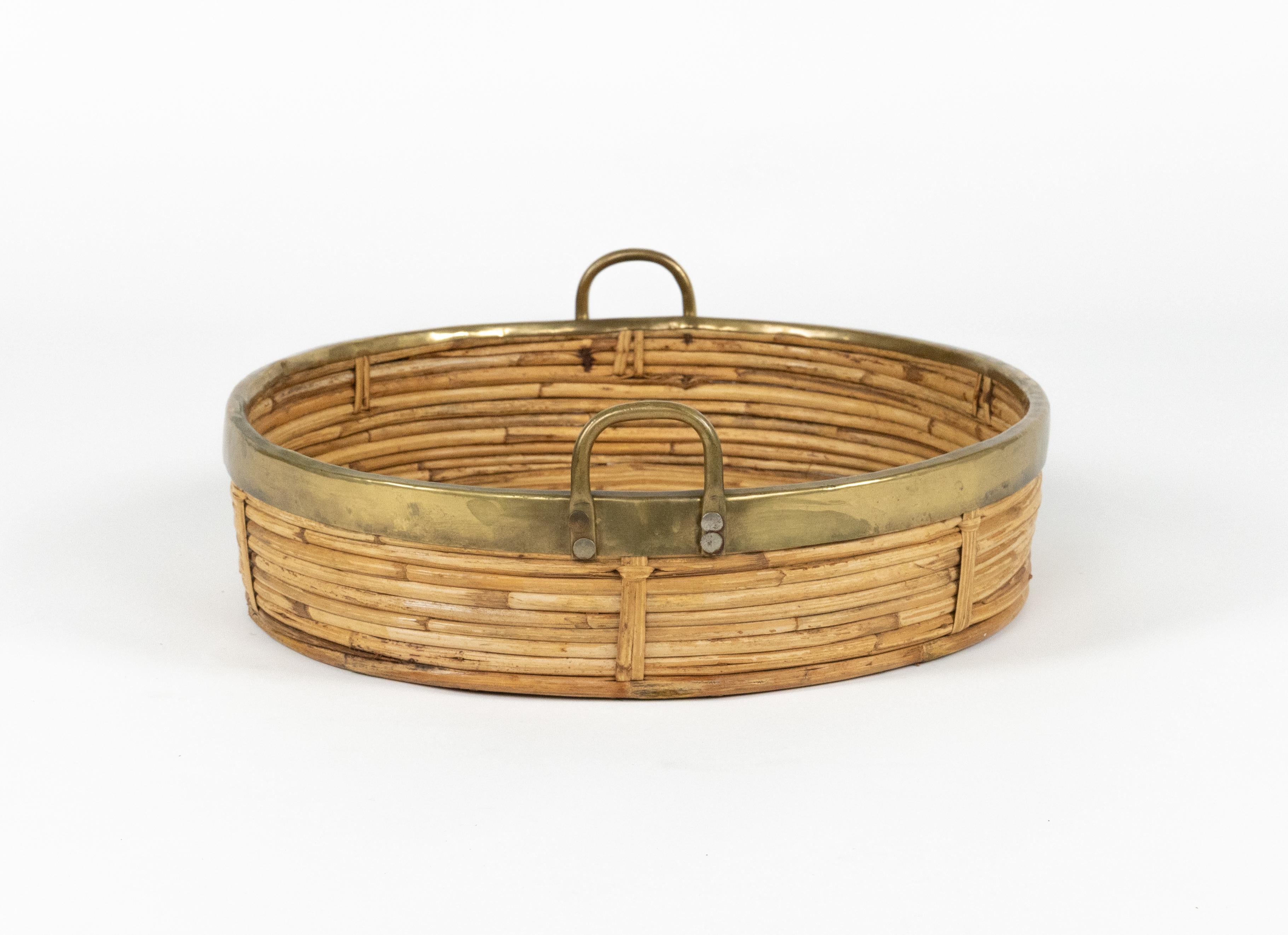 Rundes Serviertablett aus Bambus, Rattan und Messing aus der Mitte des Jahrhunderts, Italien 1970er im Angebot 5