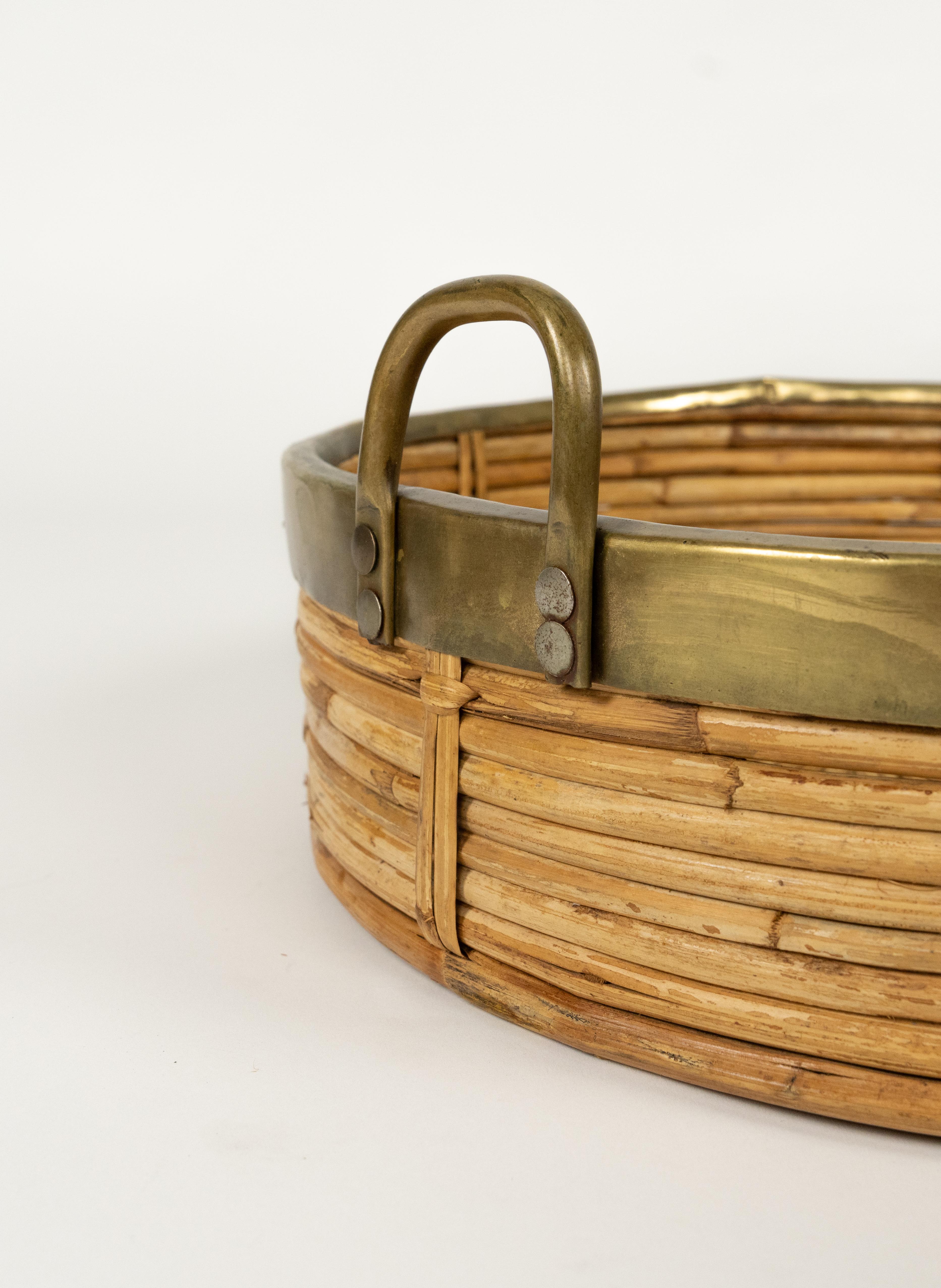 Rundes Serviertablett aus Bambus, Rattan und Messing aus der Mitte des Jahrhunderts, Italien 1970er im Angebot 6