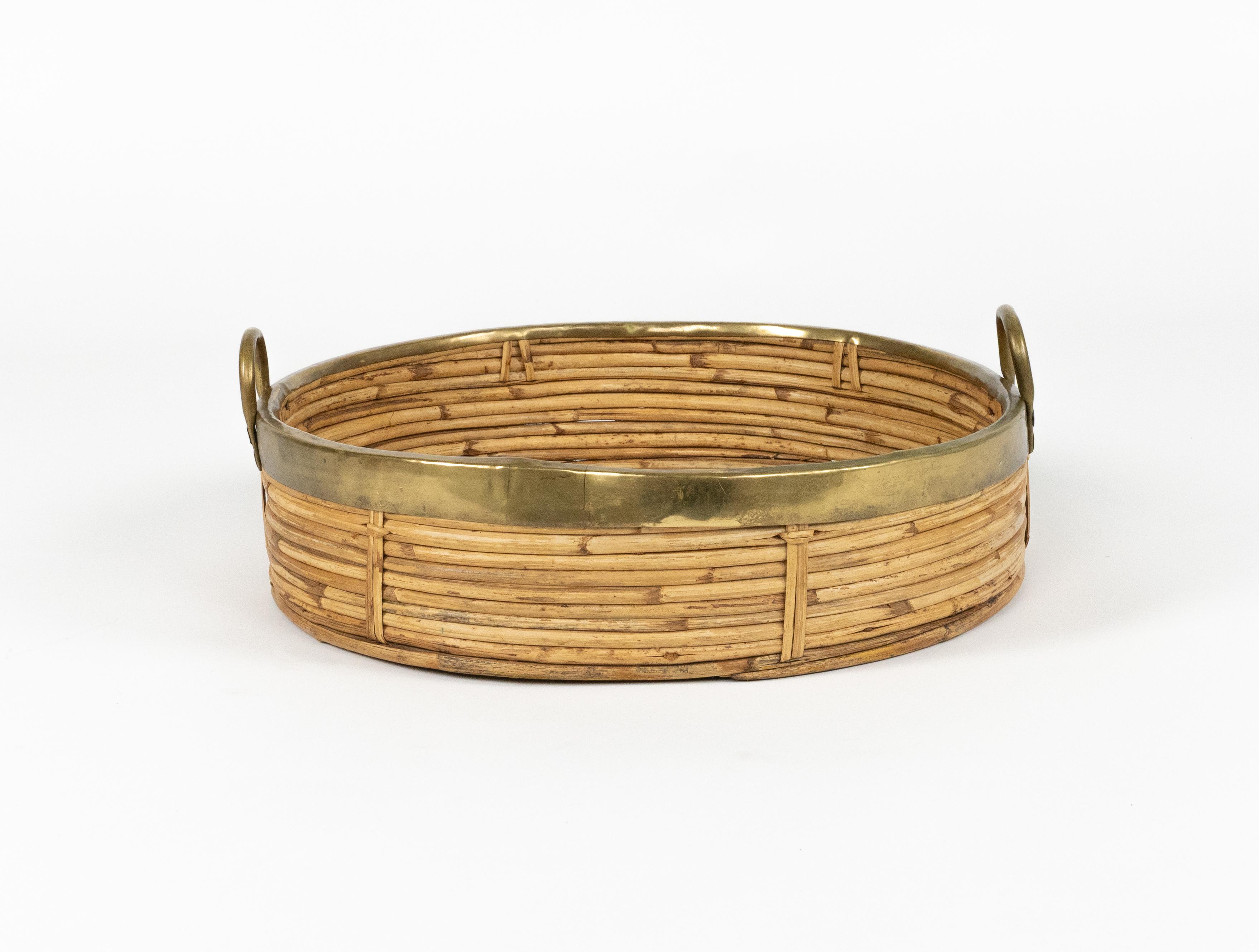 Rundes Serviertablett aus Bambus, Rattan und Messing aus der Mitte des Jahrhunderts, Italien 1970er im Angebot 1