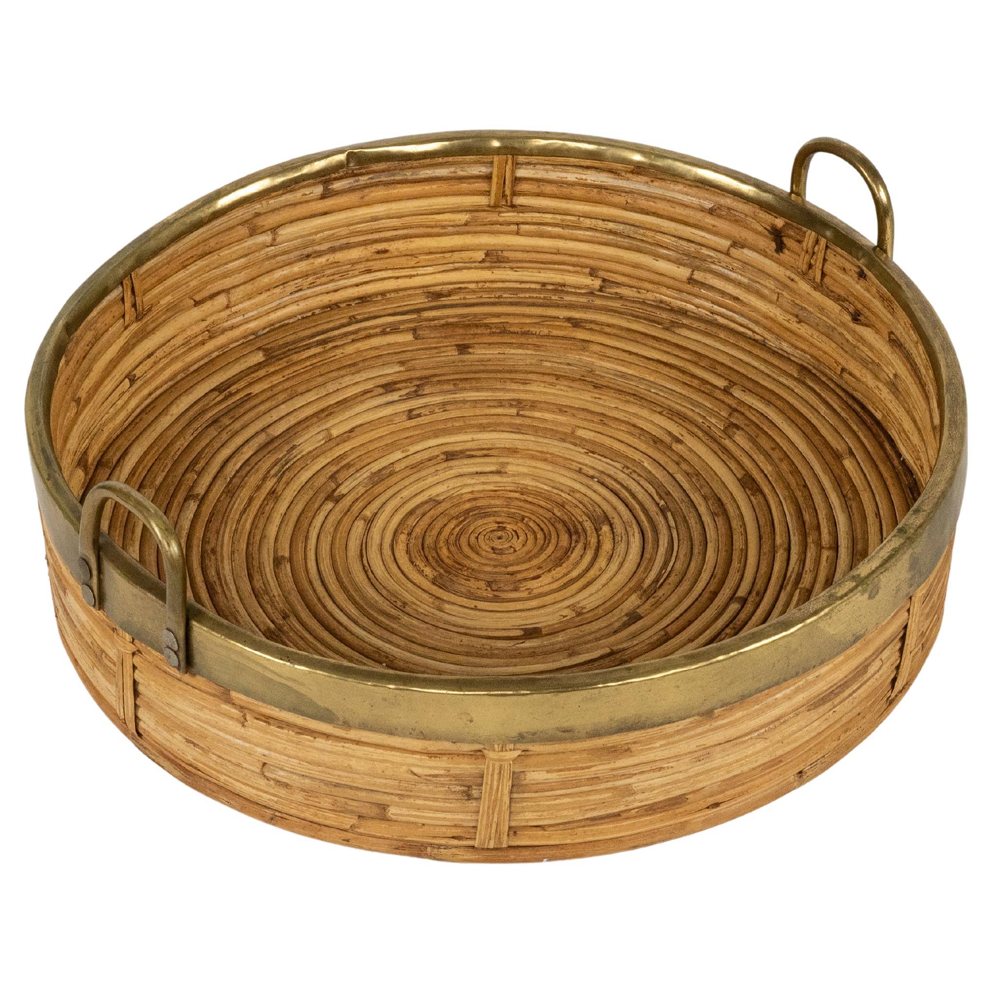 Rundes Serviertablett aus Bambus, Rattan und Messing aus der Mitte des Jahrhunderts, Italien 1970er im Angebot