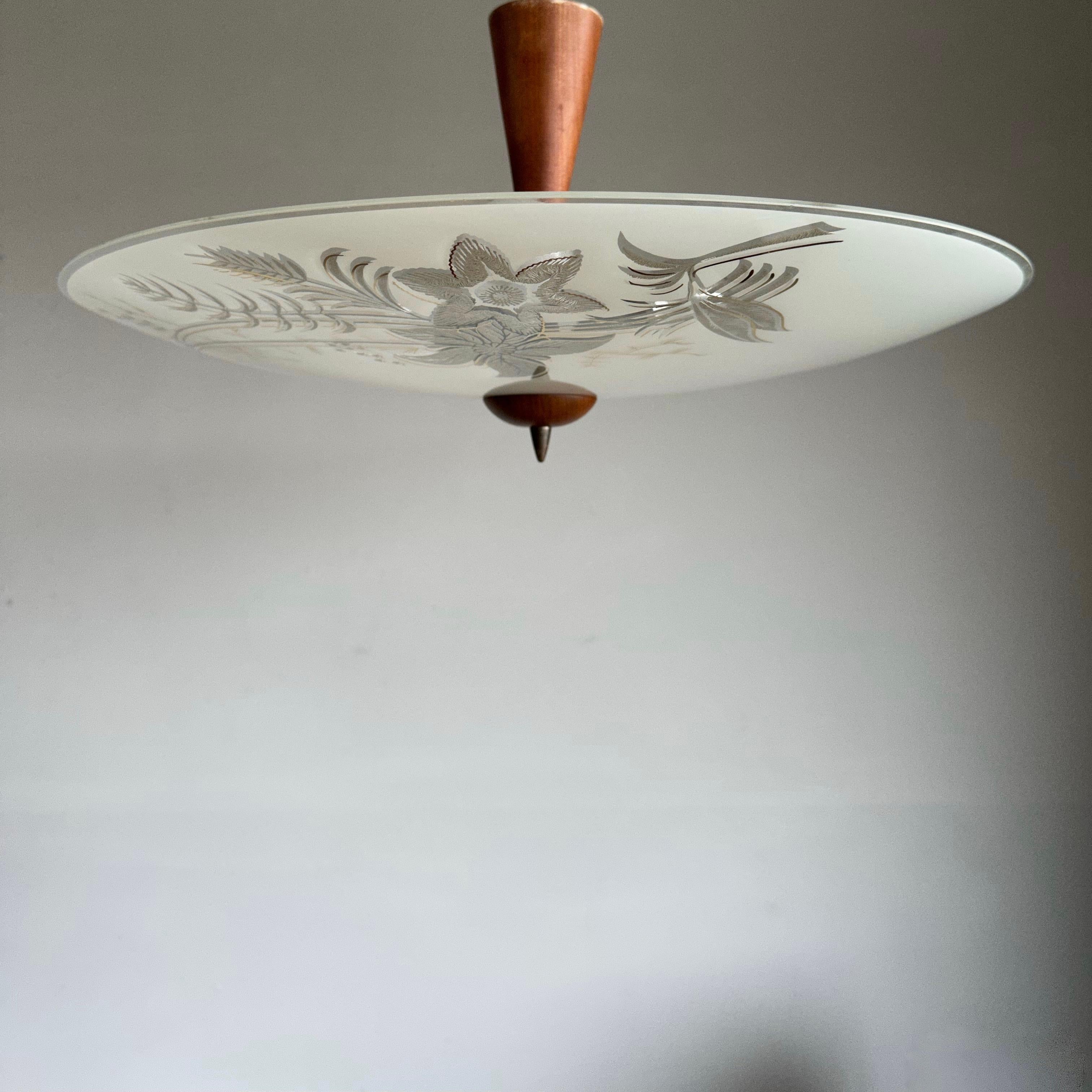 Midcentury Modern Round Shape Glass Flush Mount / Ceiling Fixture with Teak Wood For Sale 8