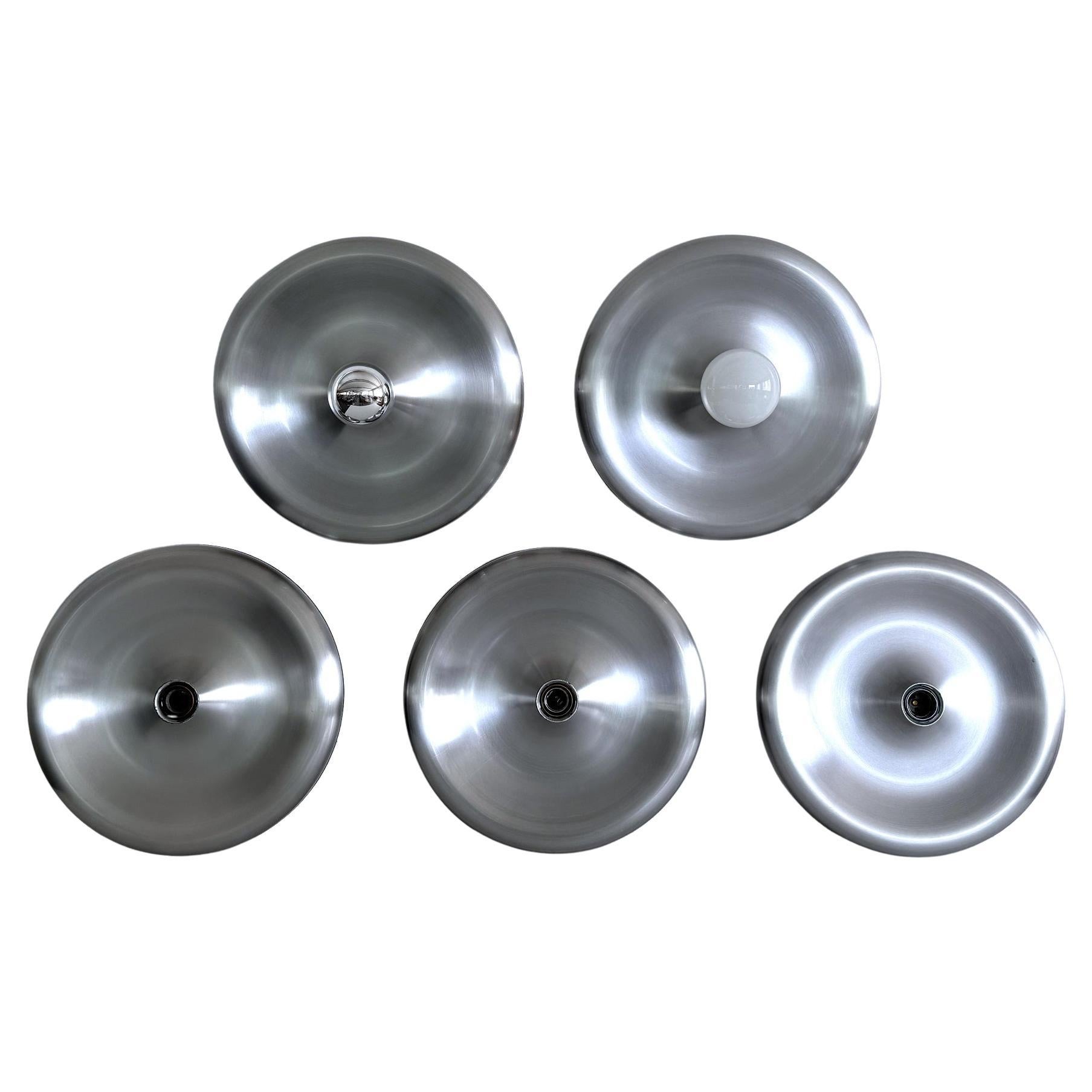 Midcentury Round Silver Aluminium Disc Wall Lights or Flush Mount, 1970s