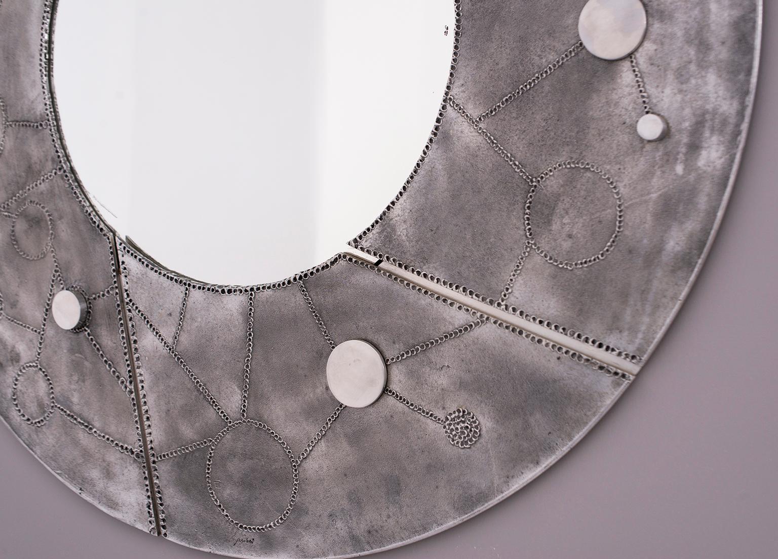 Midcentury Round Steel Mirror With Incised and Applied Design 2