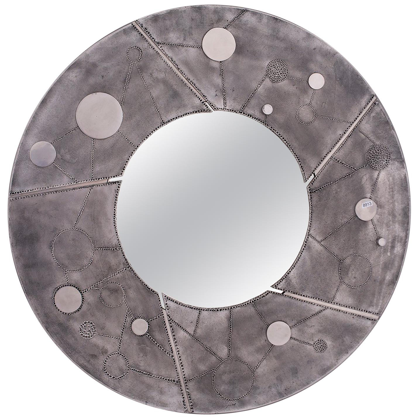 Midcentury Round Steel Mirror With Incised and Applied Design