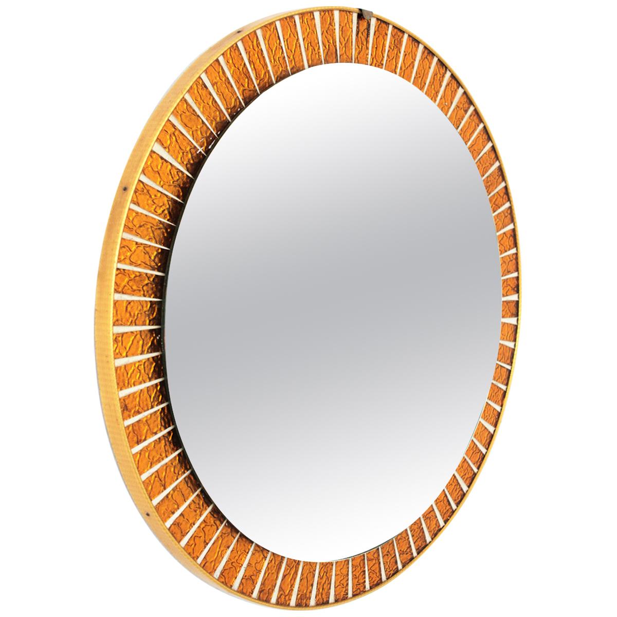 Midcentury Round Sunburst Mirror with Orange Glass Mosaic Frame For Sale 3