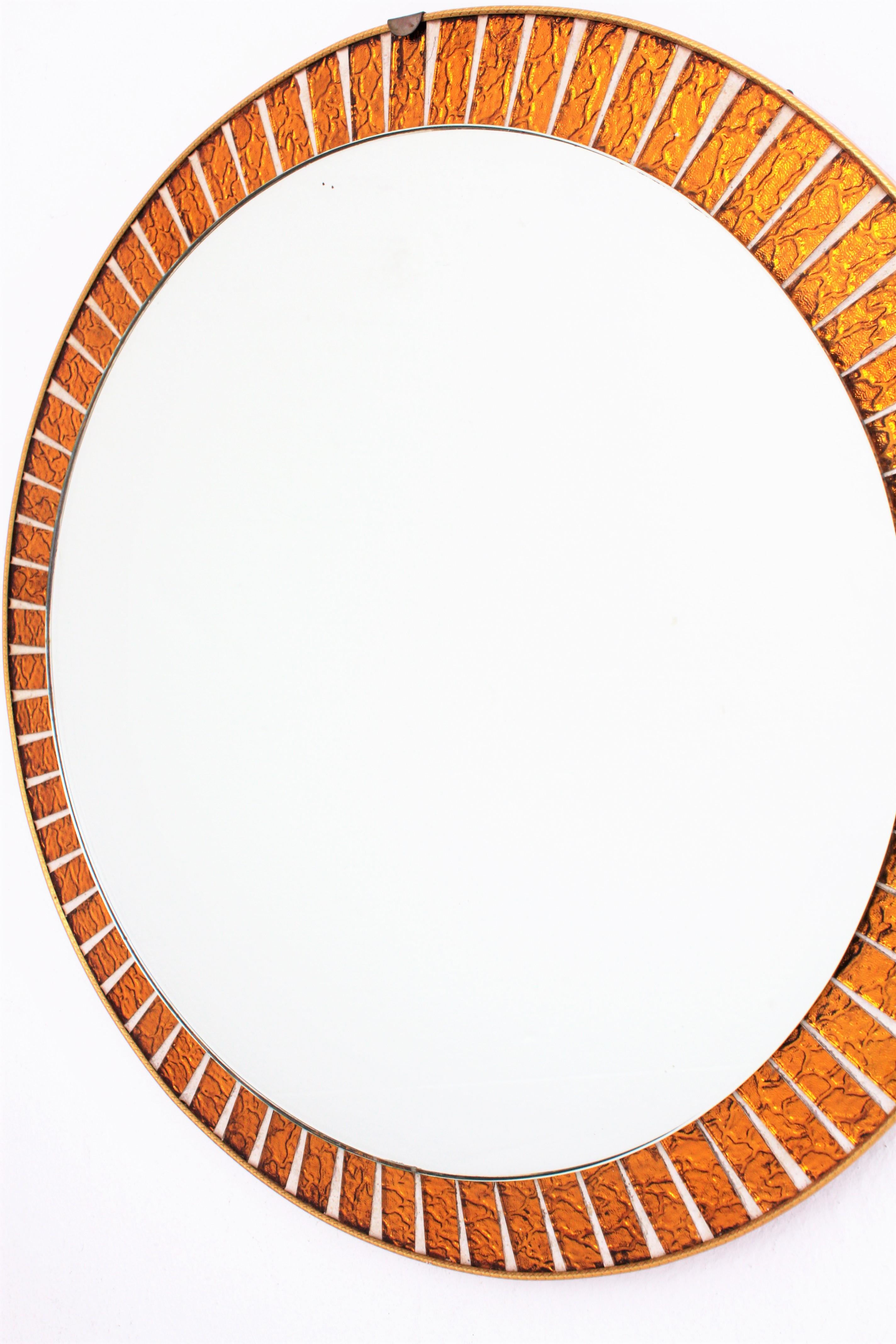 Spanish Midcentury Round Sunburst Mirror with Orange Glass Mosaic Frame For Sale