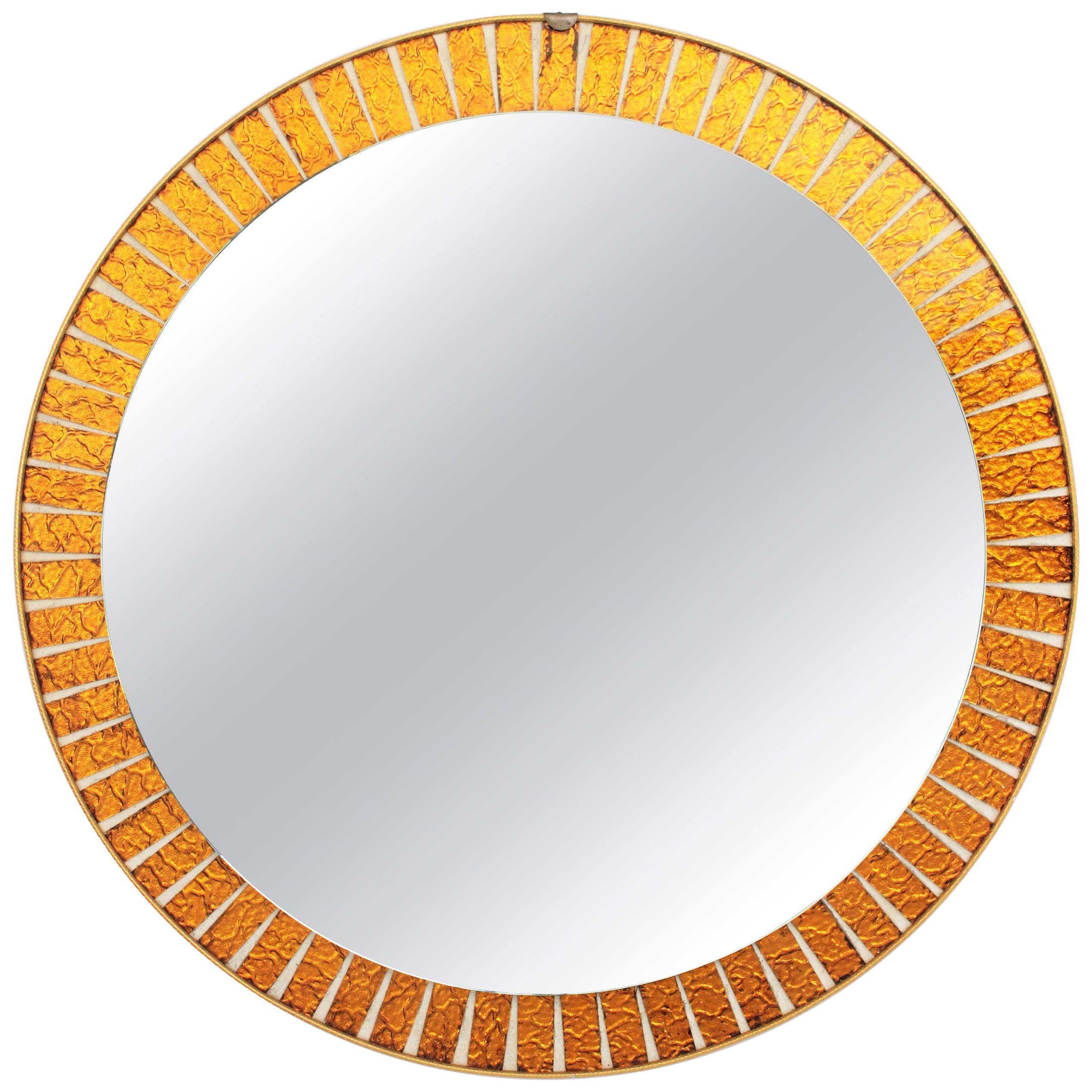 Midcentury Round Sunburst Mirror with Orange Glass Mosaic Frame For Sale