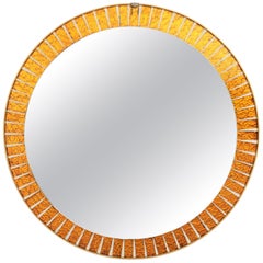 Retro Midcentury Round Sunburst Mirror with Orange Glass Mosaic Frame