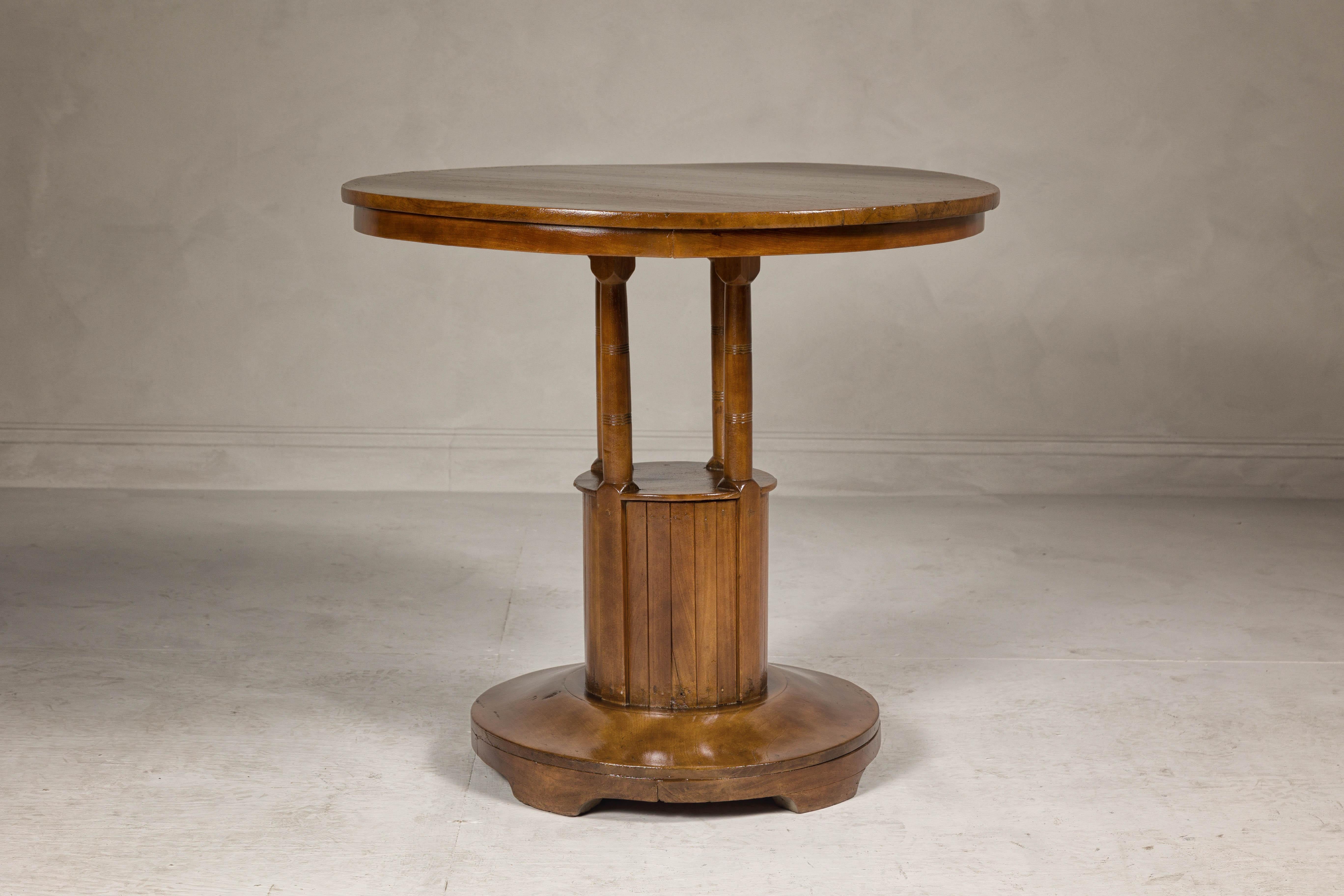 Midcentury Round Top Side Table with Column Supports and Tambour Base For Sale 2