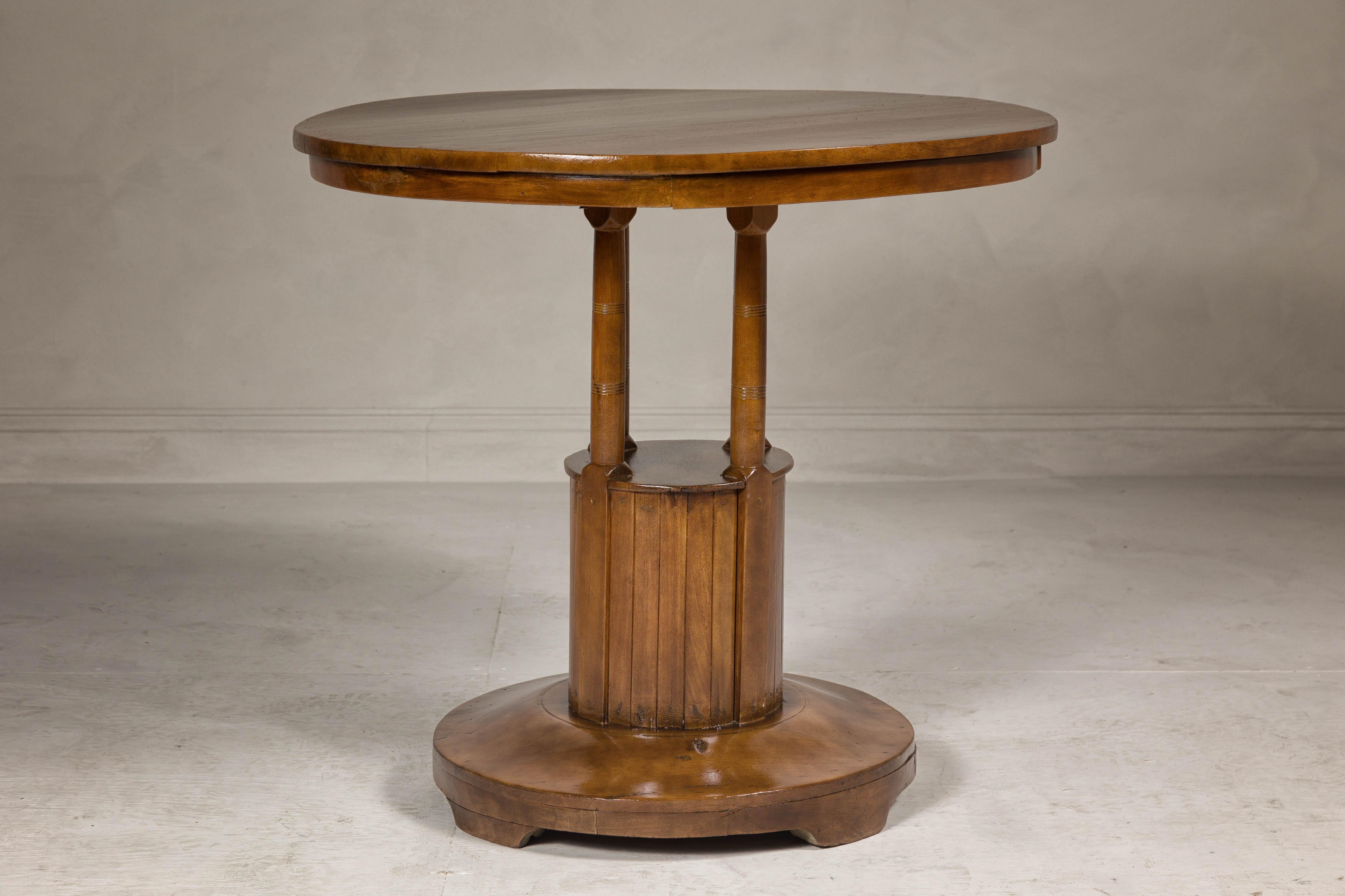 Midcentury Round Top Side Table with Column Supports and Tambour Base For Sale 3
