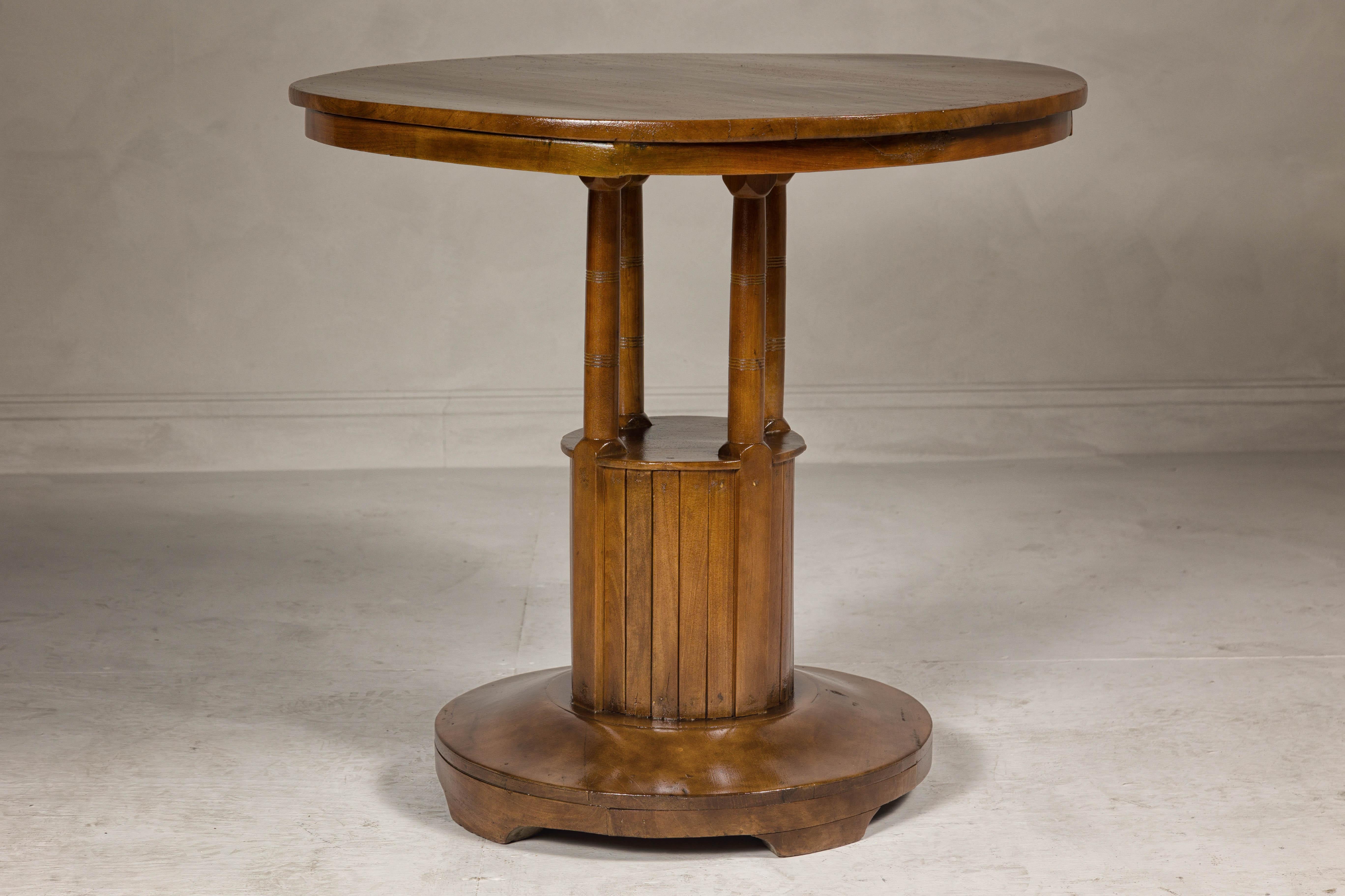 Midcentury Round Top Side Table with Column Supports and Tambour Base For Sale 4
