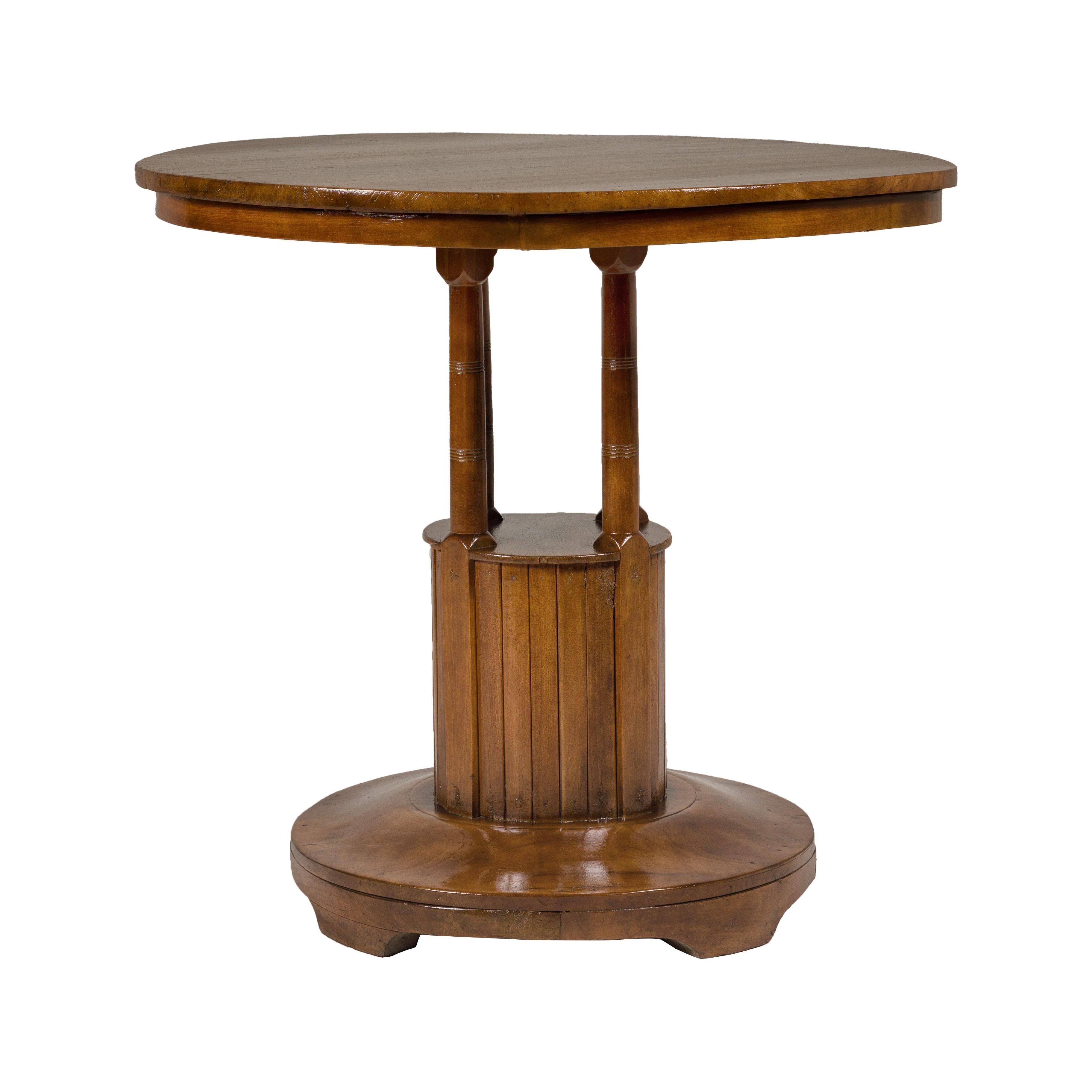 Midcentury Round Top Side Table with Column Supports and Tambour Base For Sale 7