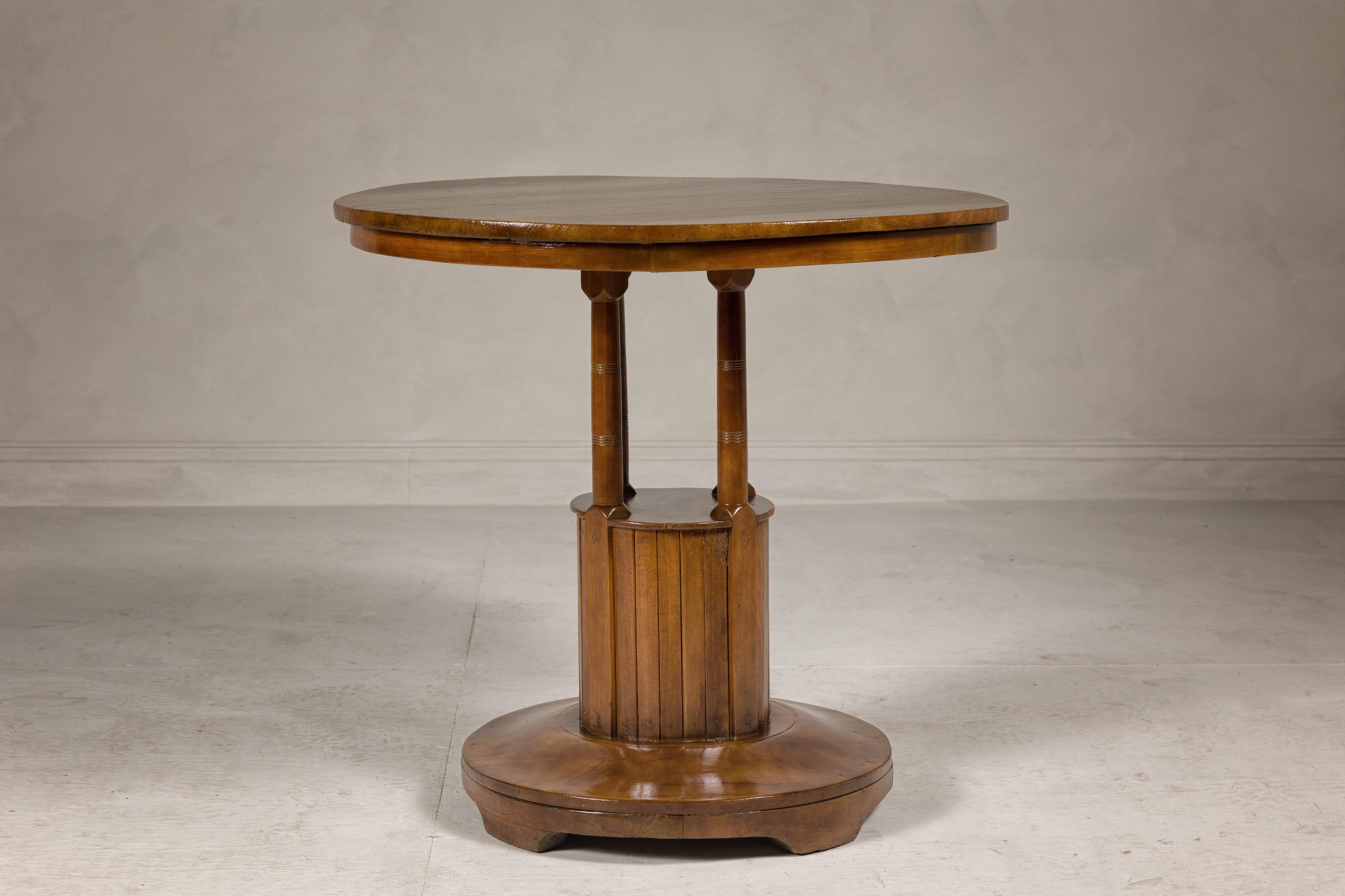 Mid-Century Modern Midcentury Round Top Side Table with Column Supports and Tambour Base For Sale