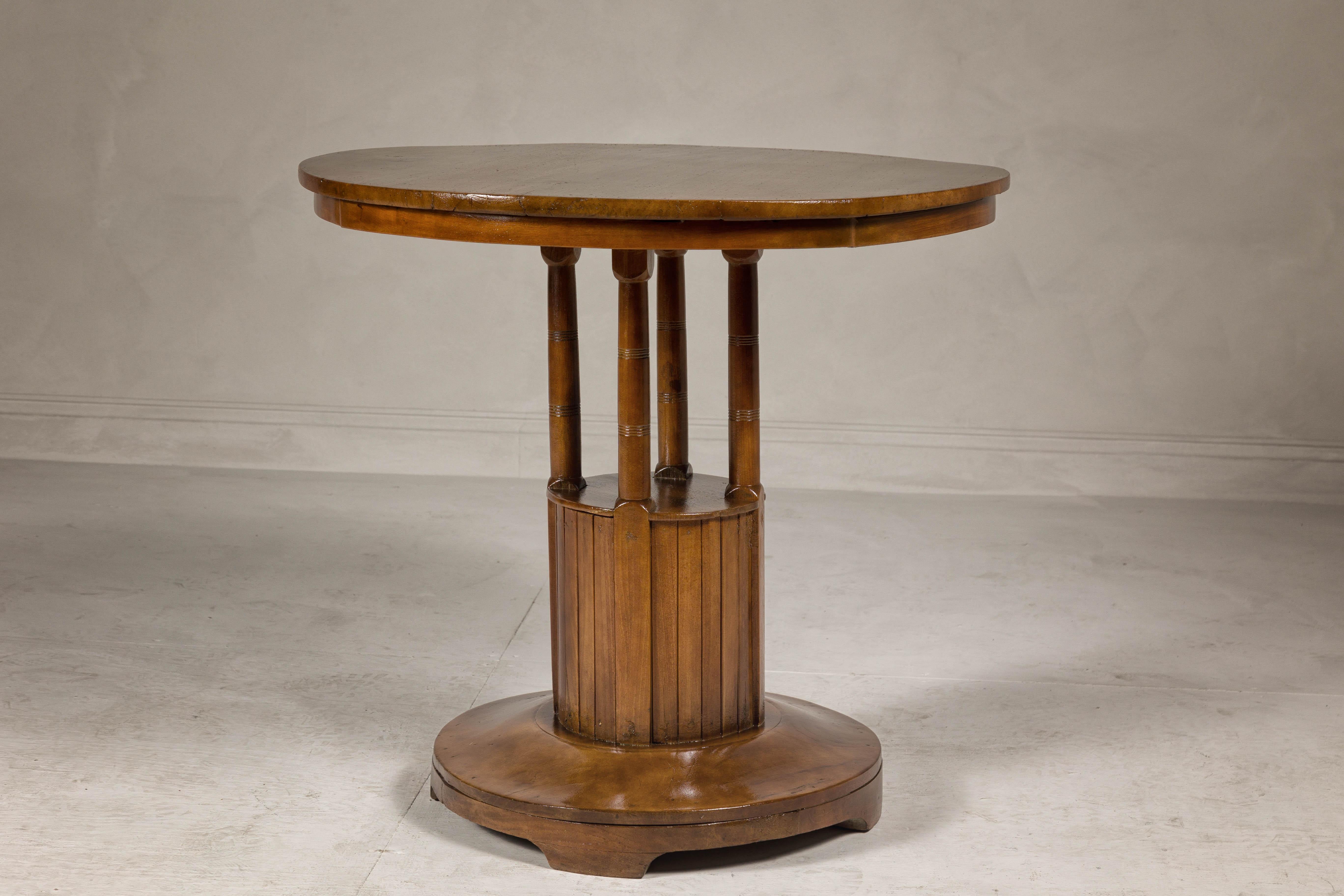 Wood Midcentury Round Top Side Table with Column Supports and Tambour Base For Sale