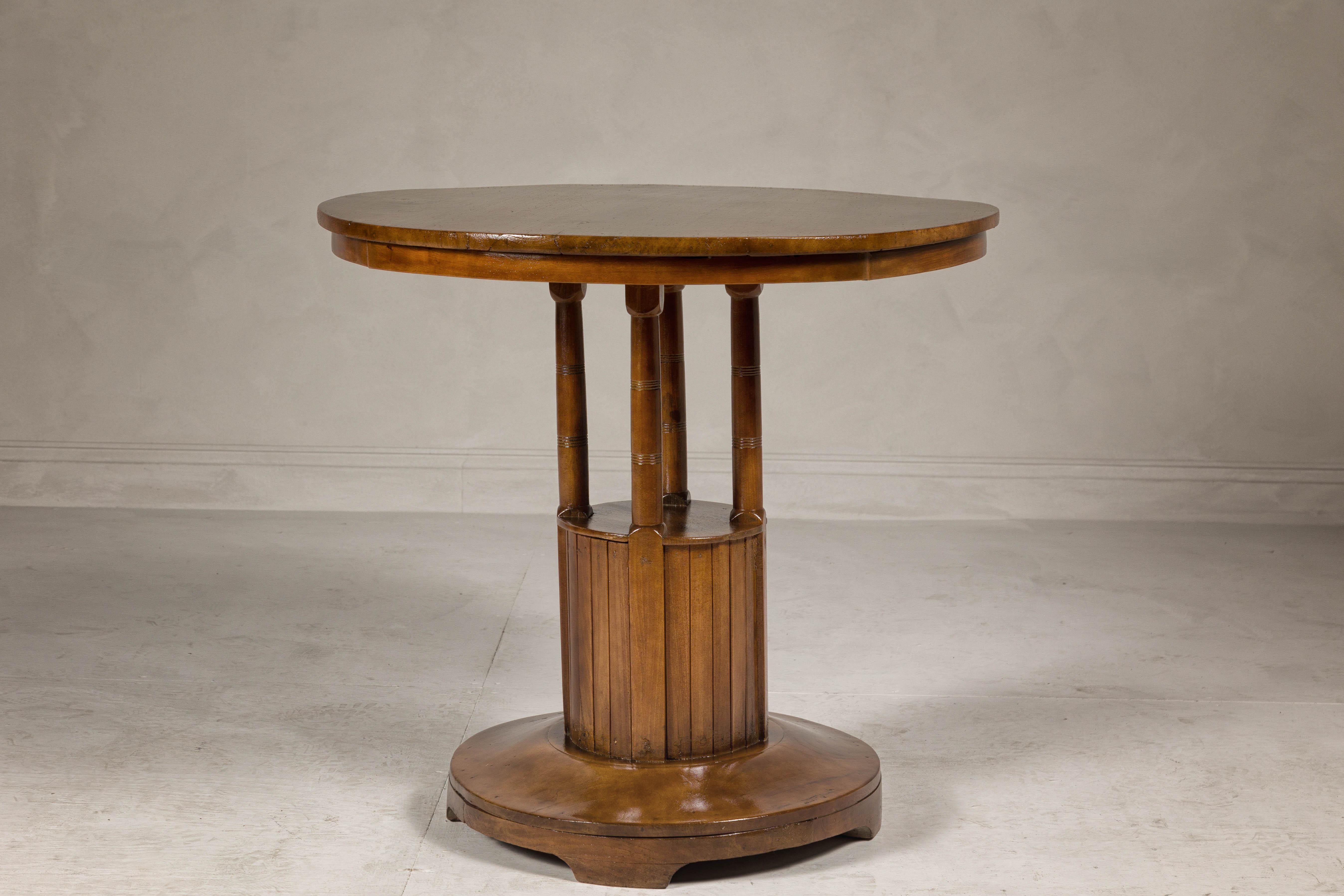 Midcentury Round Top Side Table with Column Supports and Tambour Base For Sale 1