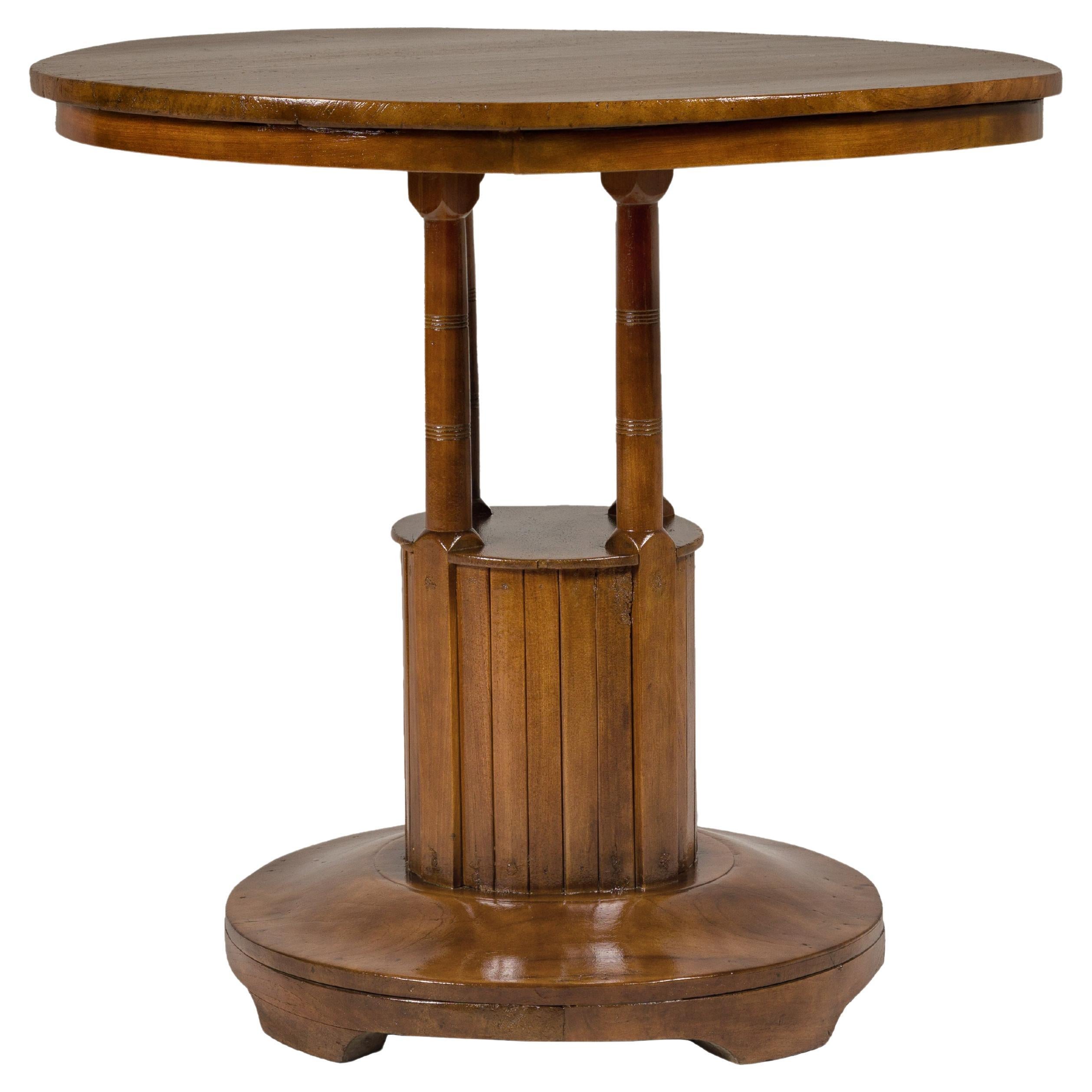 Midcentury Round Top Side Table with Column Supports and Tambour Base For Sale