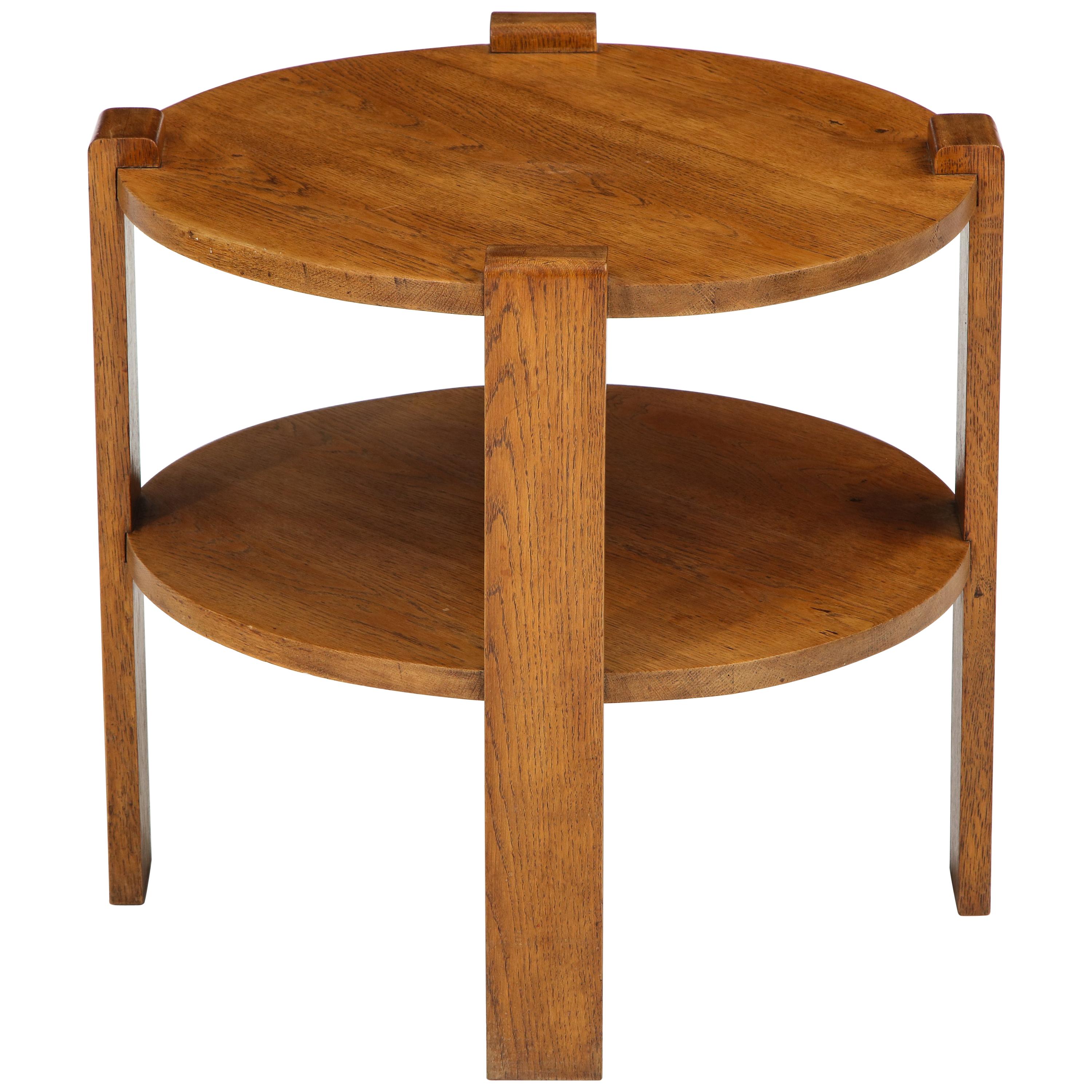 Midcentury Round Two-Tier French Side or End Table, Oak, 1950s