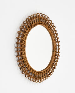 Specchio da parete rotondo del Medioevo in bambù e rattan stile Franco Albini, Italia anni '60
