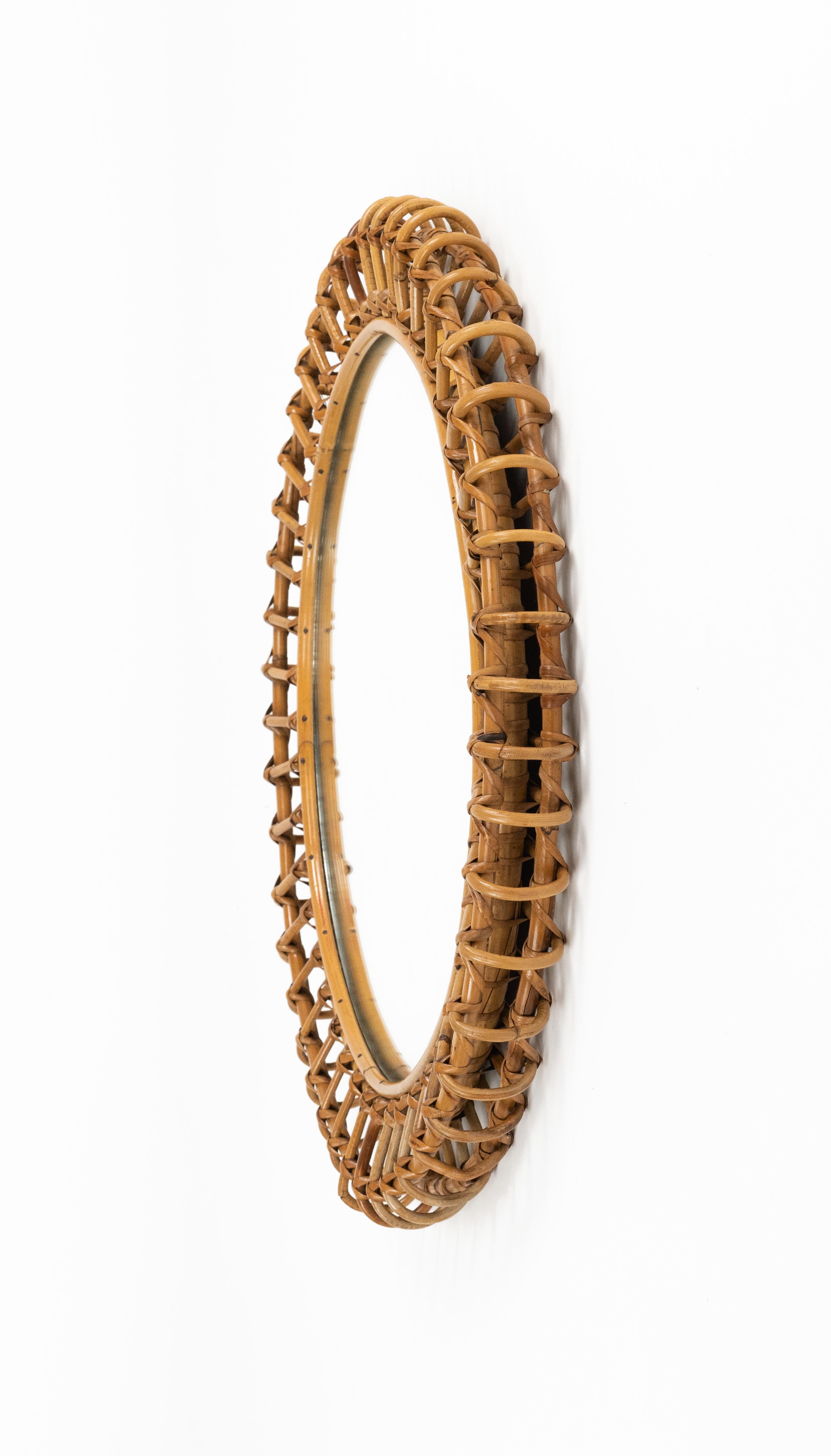 Midcentury Round Wall Mirror Bamboo and Rattan Franco Albini Style, Italy 1960s In Good Condition For Sale In Rome, IT