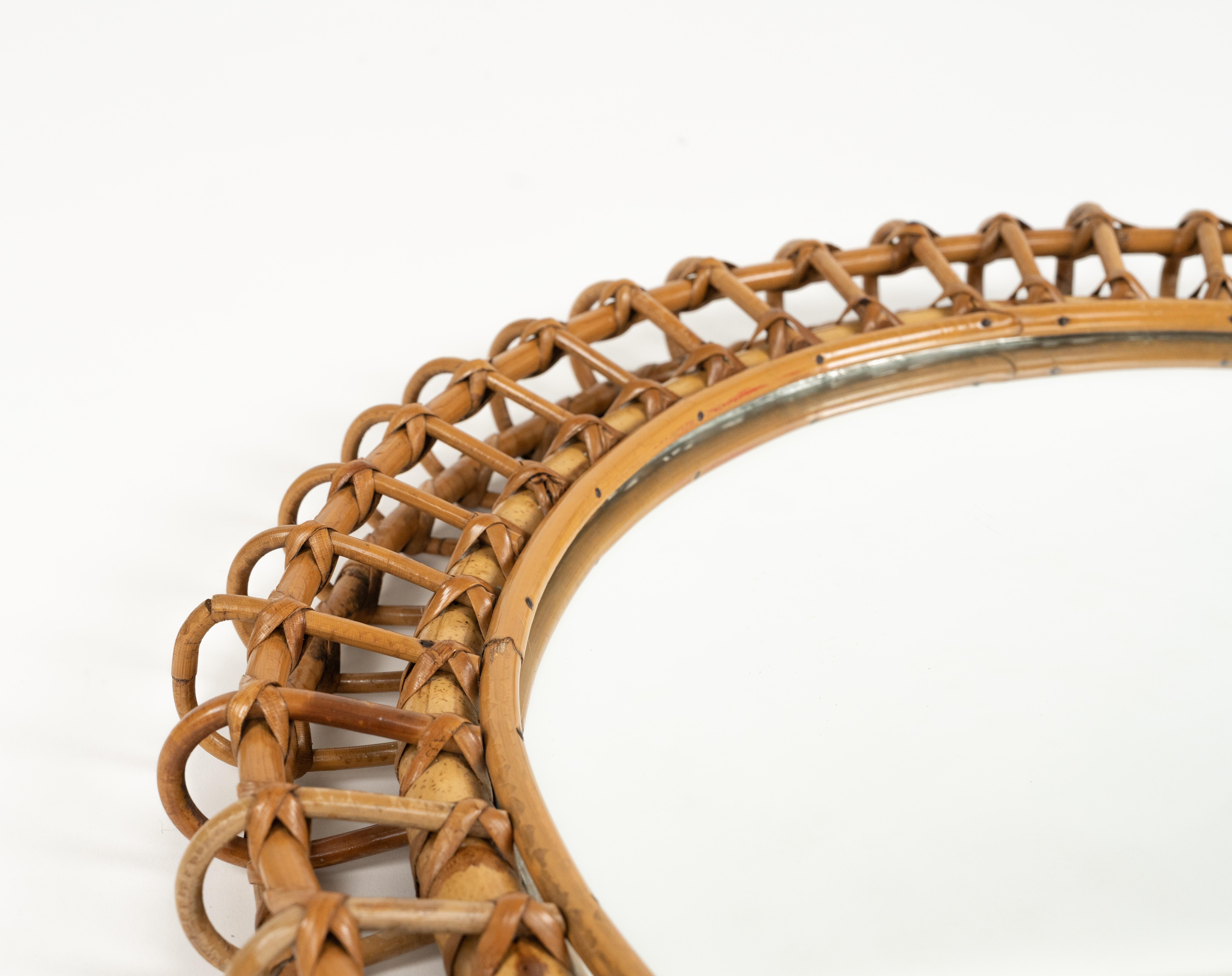 Midcentury Round Wall Mirror Bamboo and Rattan Franco Albini Style, Italy 1960s For Sale 1