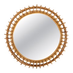 Midcentury Round Wall Mirror Bamboo and Rattan Franco Albini Style, Italy 1960s