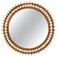 Specchio da parete rotondo del Medioevo in bambù e rattan stile Franco Albini, Italia anni '60