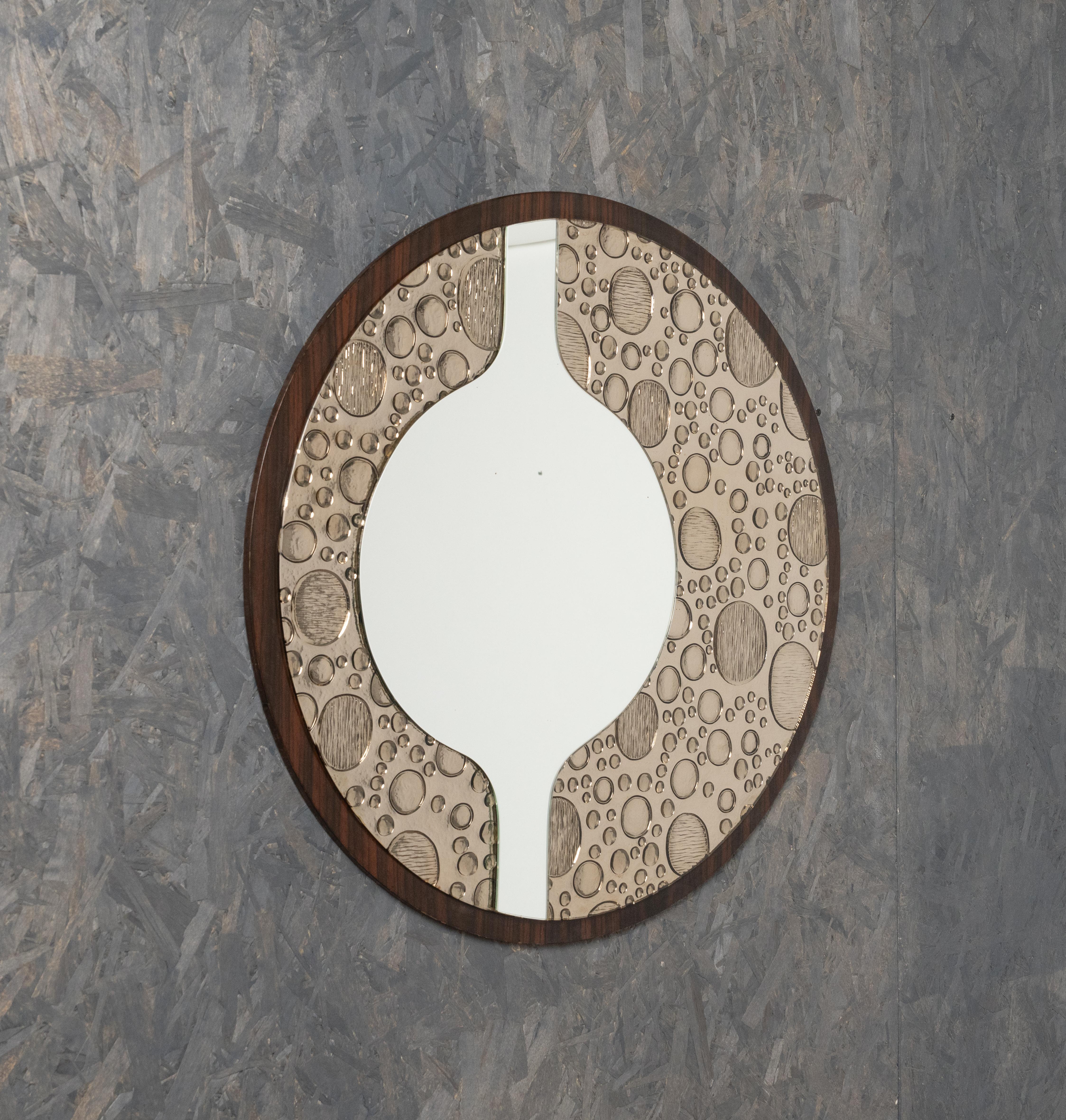 Midcentury Round Wall Mirror in Wood and Glass, Italy 1970s For Sale 5