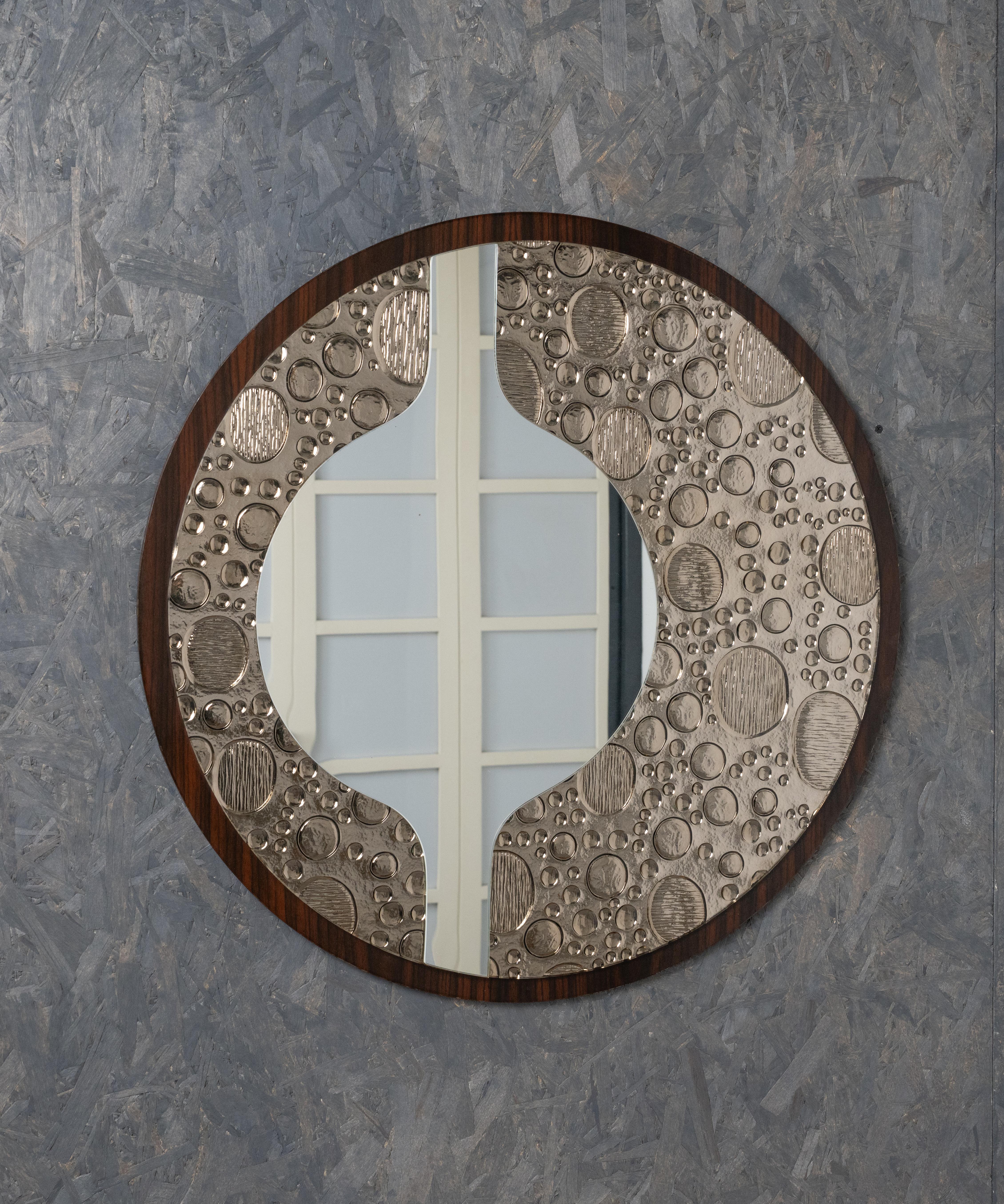Midcentury Round Wall Mirror in Wood and Glass, Italy 1970s For Sale 6